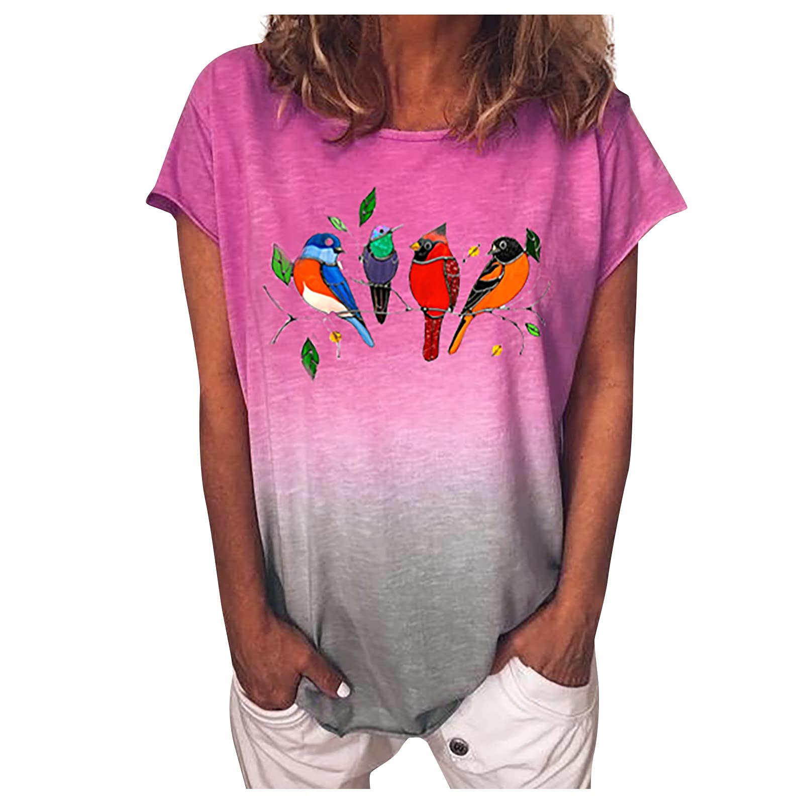 DESKABLY Women's Casual Summer Short Sleeve T-Shirt - Gradient Color Bird Print Blouse & Tank Top for Women | Perfect for Beach Outings, Weekend Wear & Summer Vacation