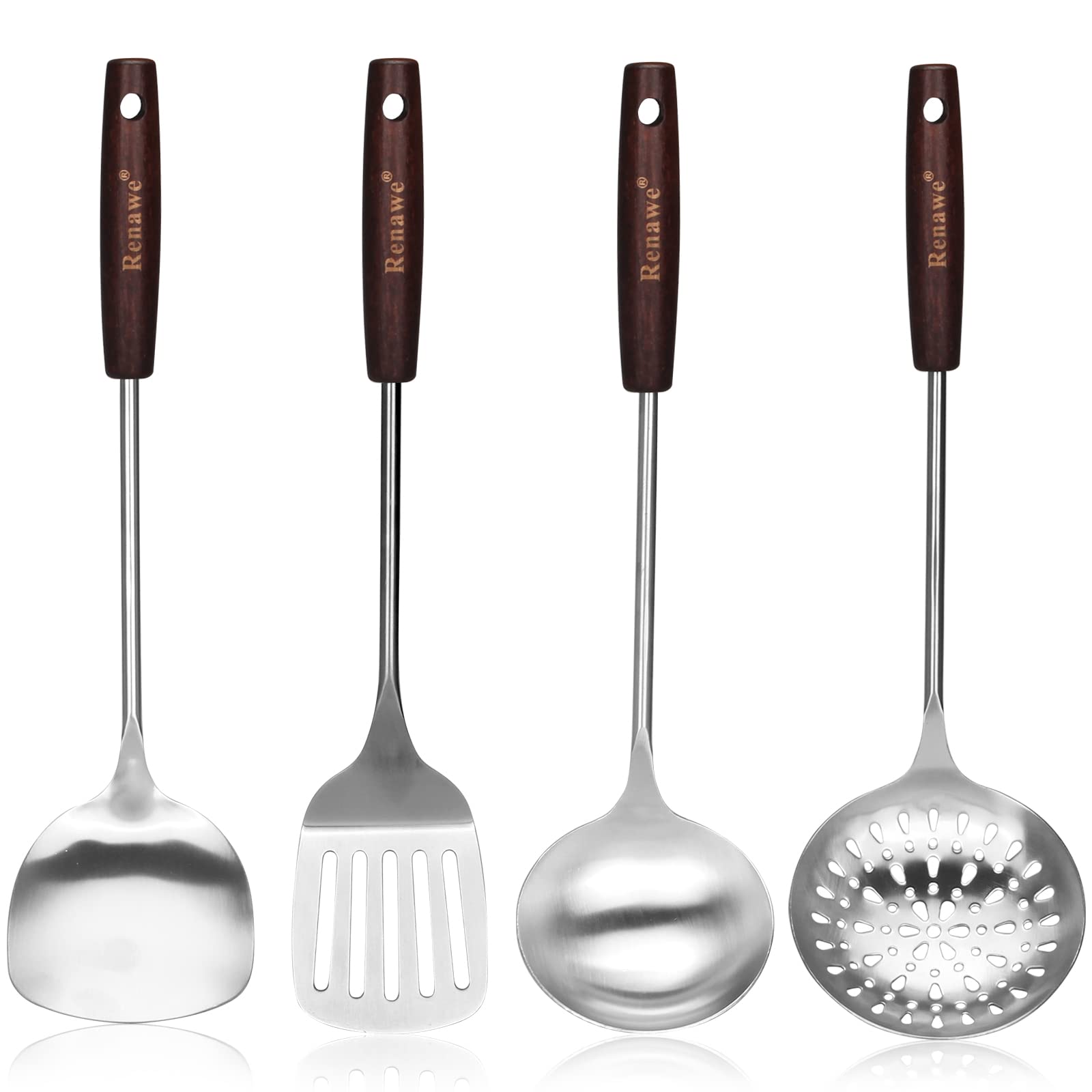 15 Inch Stainless Steel Slotted Turner & Soup Ladle Set - 304 Grade, Long Wooden Handle - Perfect for Stir-Frying, Flipping Pancakes, Serving Soups & Cooking Utensils