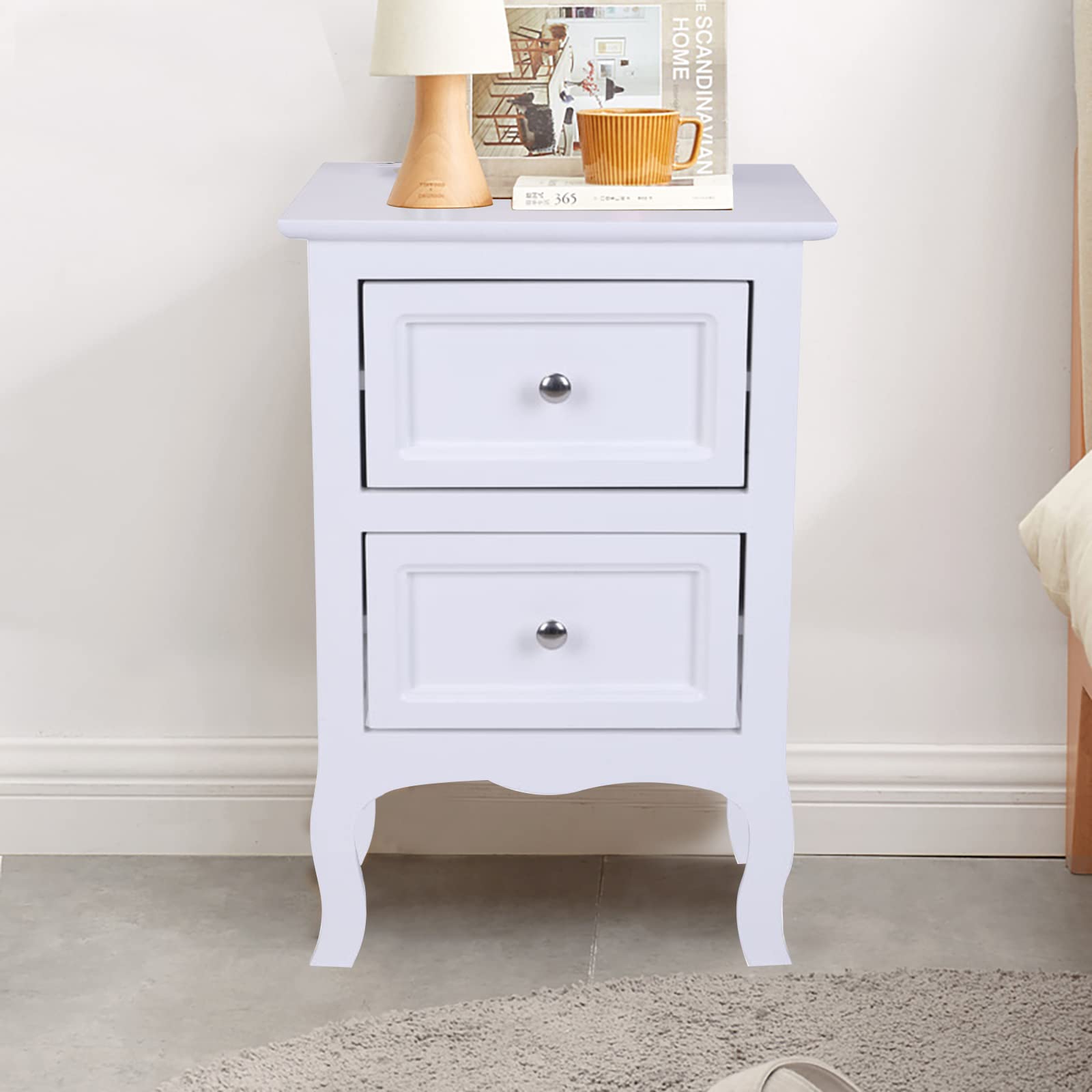 Mid Century Modern Nightstand with 2 Drawers & High Legs - Solid Wood Bedside Table for Bedroom, Living Room End Table, Office Side Table - White Home Furniture for Small Spaces & Apartment Decor