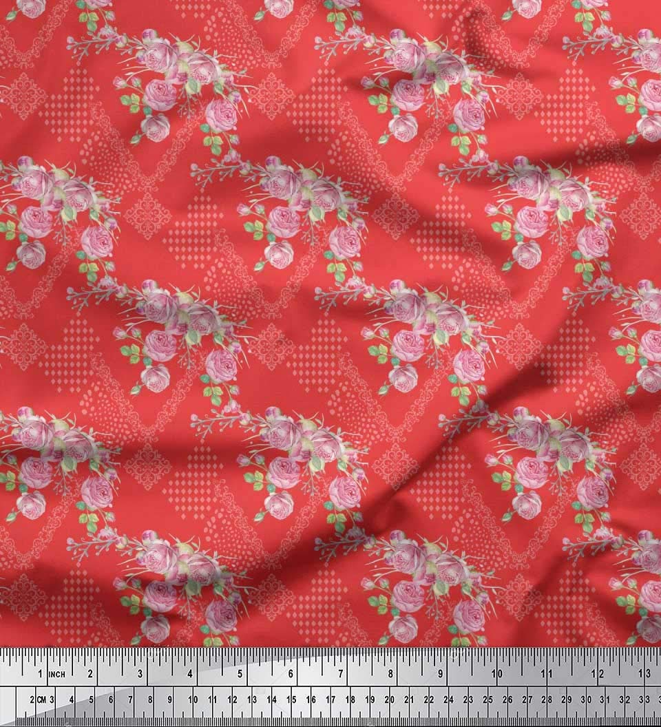 Soimoi Moss Georgette Orange Fabric by The Yard - 42 Inch Wide Damask & Rose Floral Printed Fabric for Dresses, Curtains & Home Decor | Elegant Crafting Material for DIY Sewing Projects