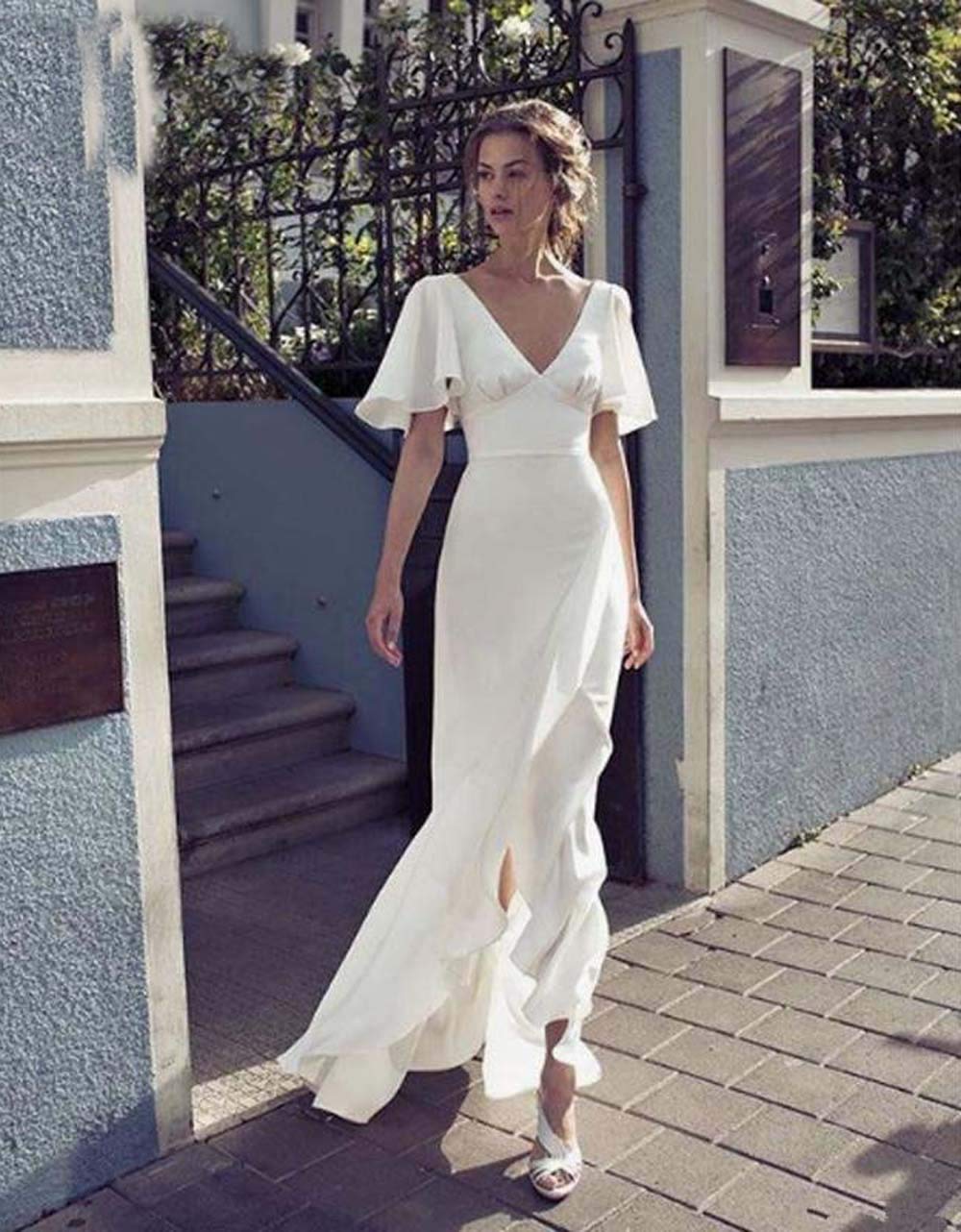 2021 Bohemian V-Neck Wedding Dress with Front Split & Backless Design - Floor Length Bridal Gown for Beach, Garden & Outdoor Ceremonies