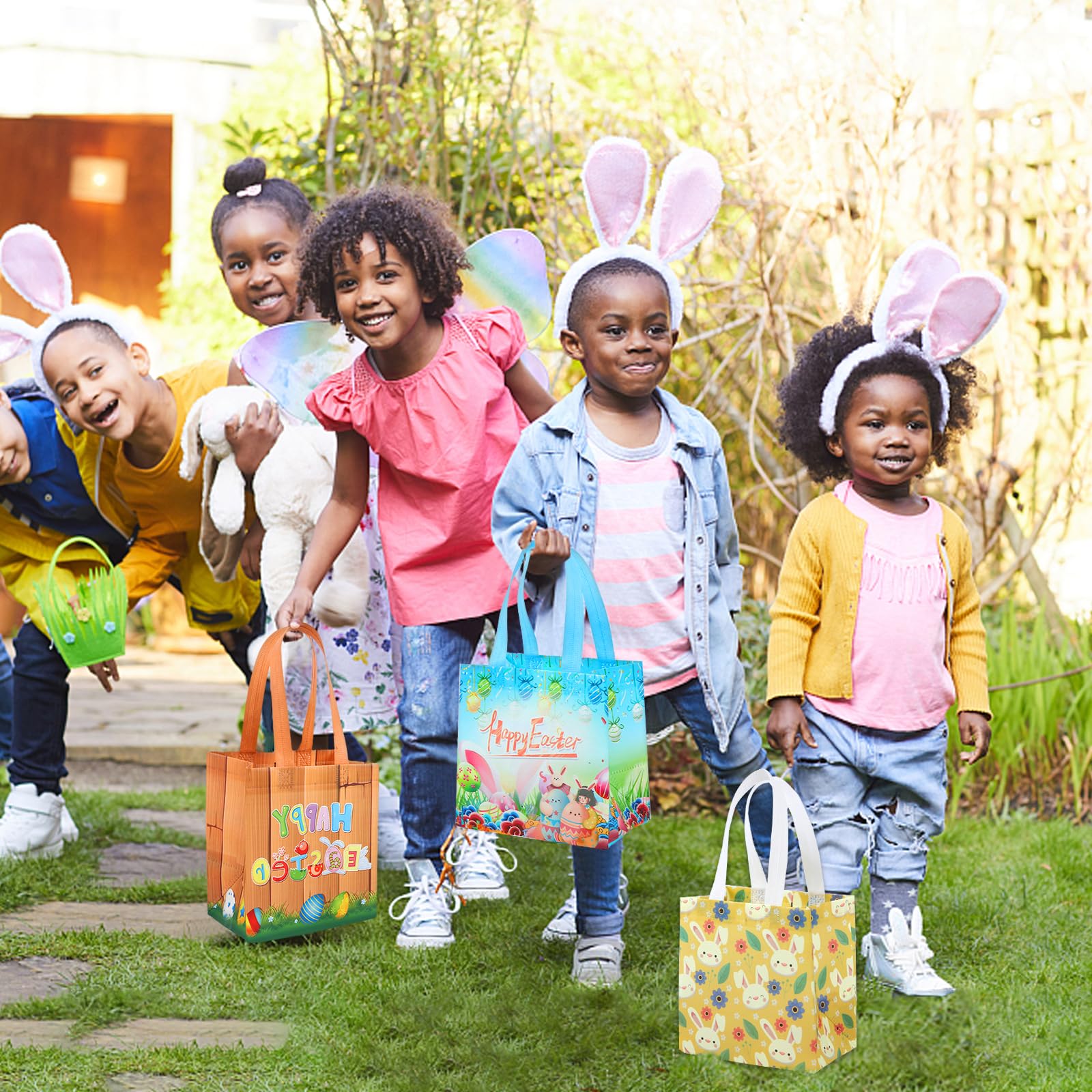 Easter Gift Bags 8Pcs - Reusable Bunny Egg Non-Woven Tote Bags with Handles for Kids Party, Easter Basket Stuffers, Holiday Favors & Treat Bags - Perfect for Easter Egg Hunts, Classroom Rewards & Spring Celebrations