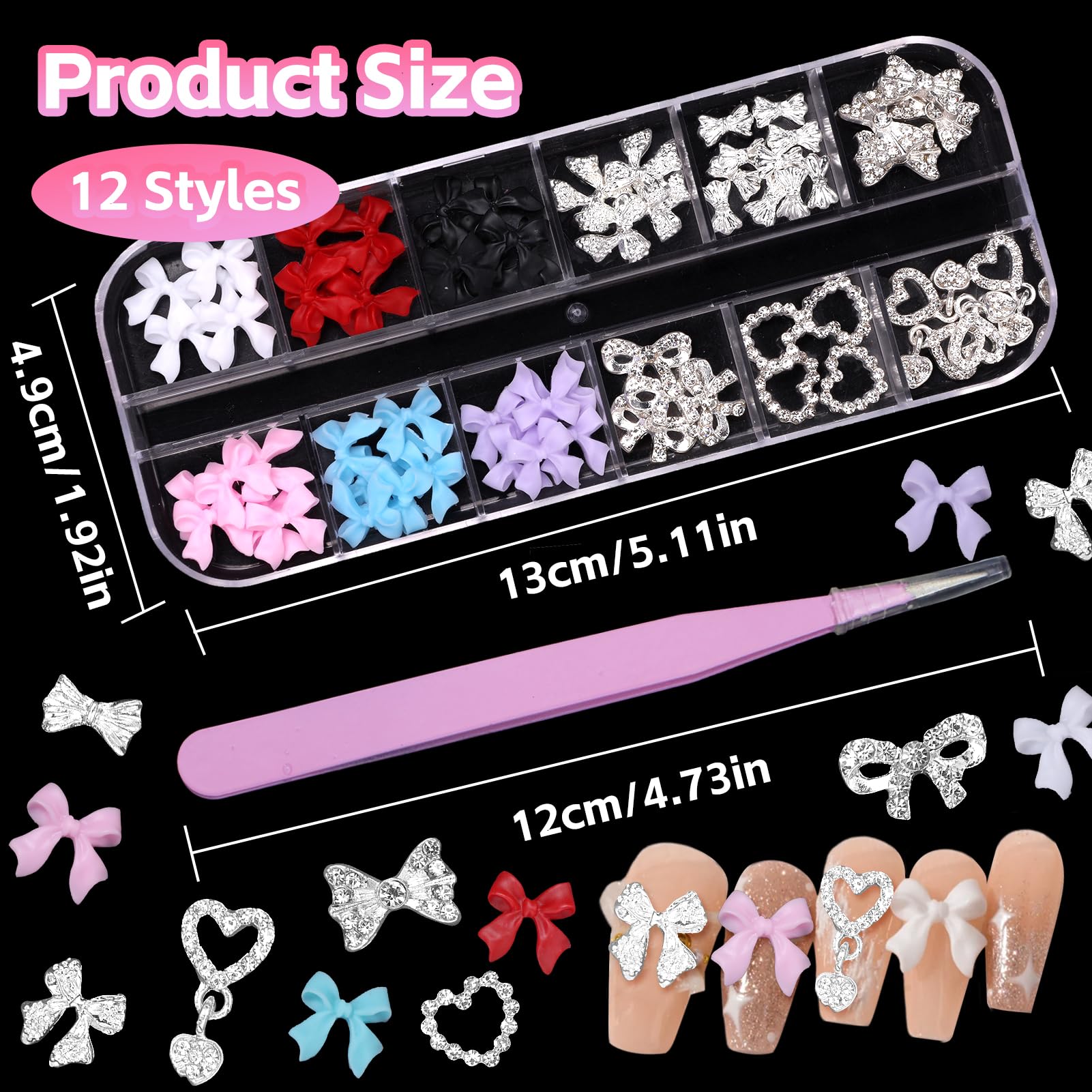 3D Bow Nail Charms - Silver Alloy Heart Dangle Gems for DIY Nail Art