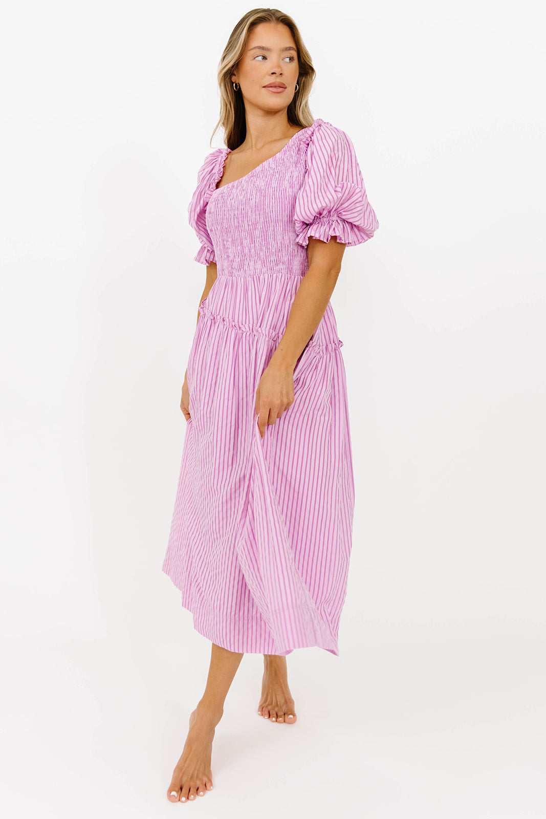 Kaden Women's Asymmetrical Ruffle Midi Dress - Flowy Pink Summer Dress for Casual Outings, Beach Vacations & Date Nights