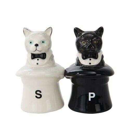HomDEc Black and White Cat in Hat Magician Ceramic Magnetic Salt and Pepper Shakers - Perfect for Kitchen, Dining Table, and Themed Party Decor