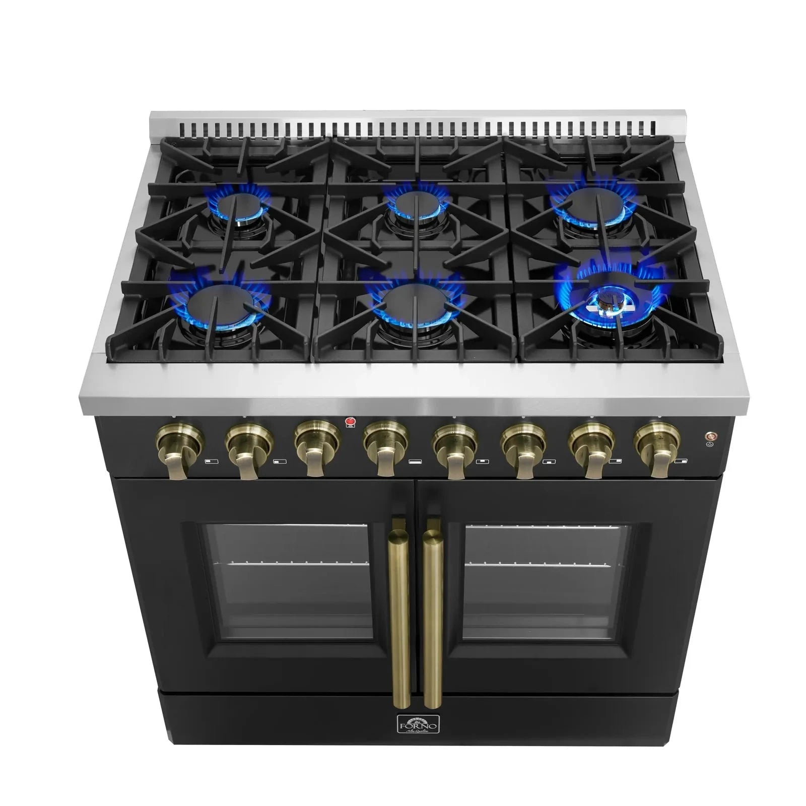 **Forno Galiano 36-Inch French Door Dual Fuel Range - Gas Stove & Electric Oven in Black with Antique Brass Trim (Model FFSGS6356 36BLK) - Perfect for Modern Kitchens & Gourmet Cooking**