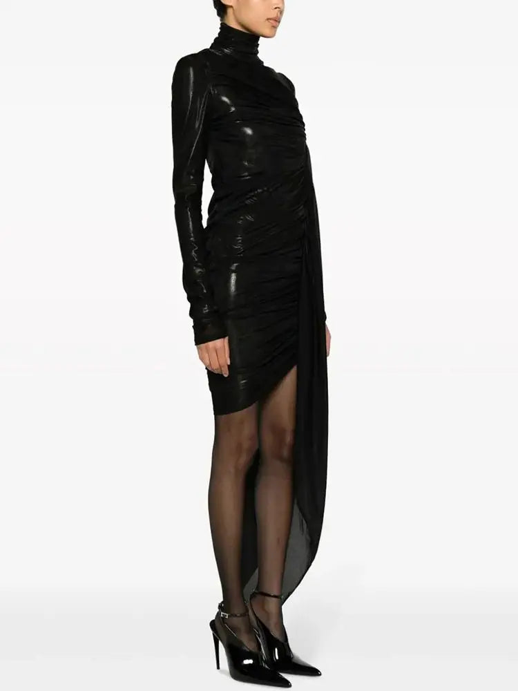 Sexy Black Mesh Pleated Long Sleeve Bodycon Mini Dress for Women - Elegant Party Outfit for Nightclub, Date Night & Celebrity Events