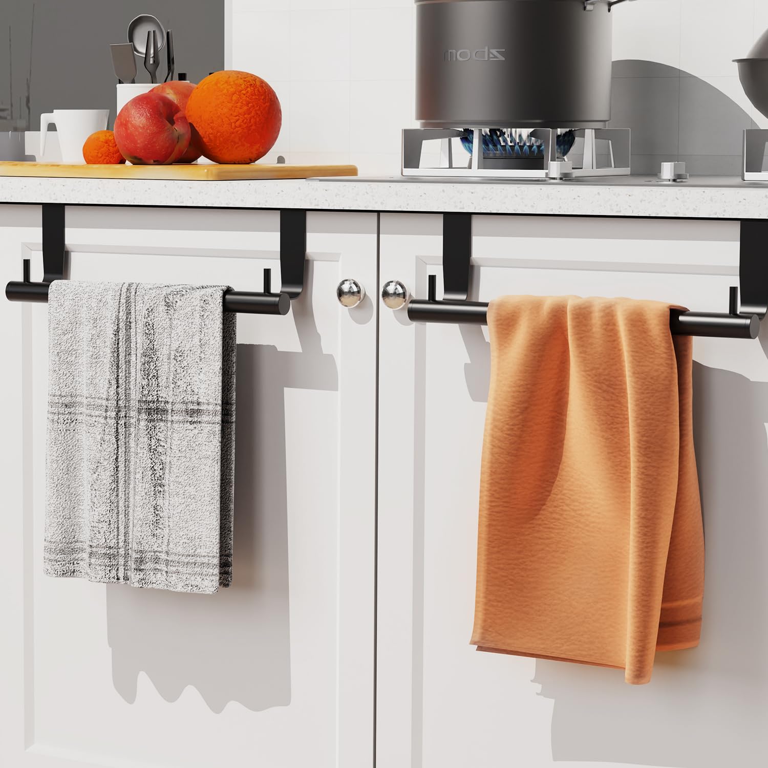 VEHHE 2-Pack 9-Inch Kitchen Towel Holder with 2 Hooks - Over Cabinet Towel Bar with EVA Foam Pads - Space-Saving Over The Door Towel Rack for Kitchen, Bathroom, Laundry Room (Black) - Perfect for Hanging Dish Towels, Hand Towels & Washcloths