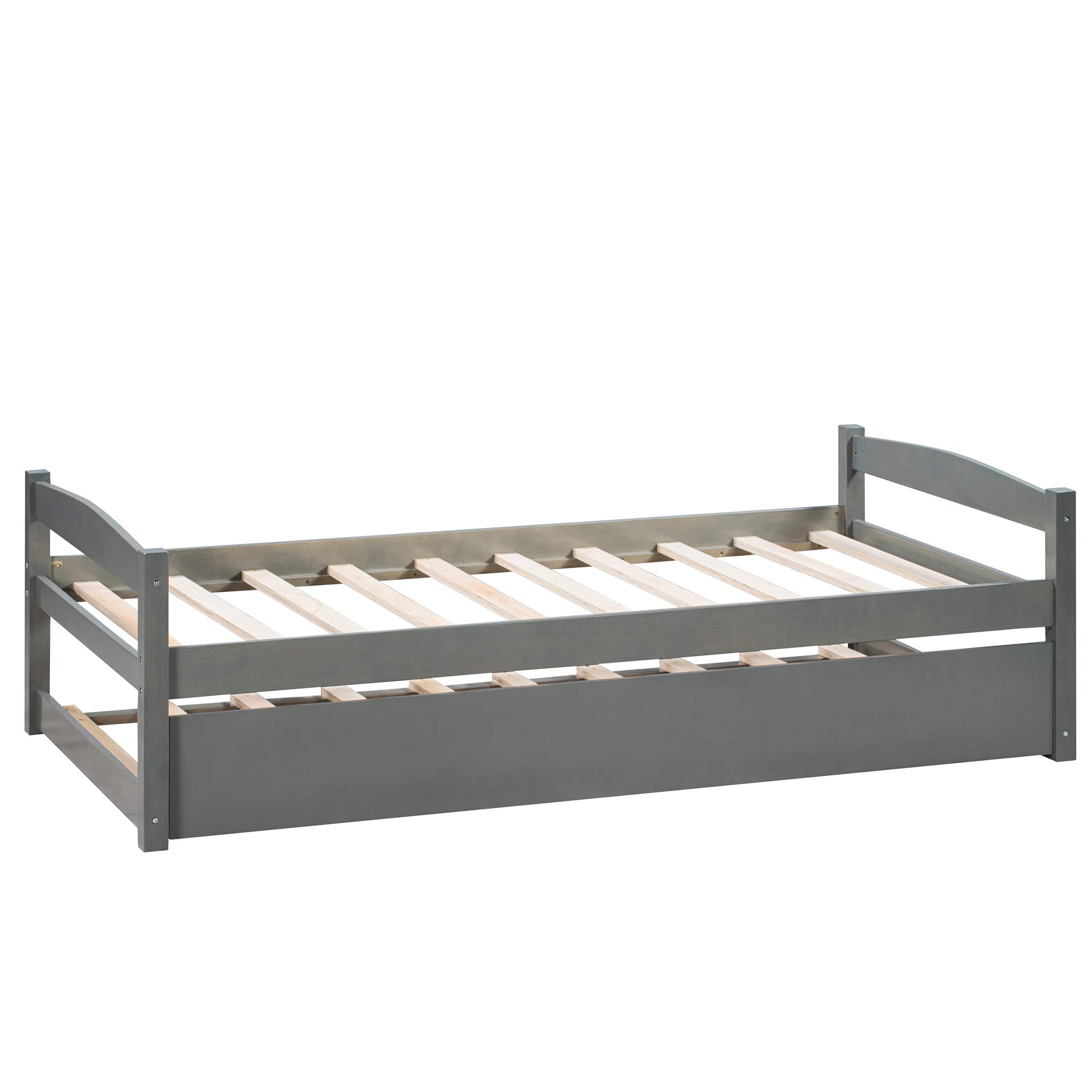 KLMM Twin Size Wooden Platform Bed with Trundle - Captain's Bed Frame with Wooden Slats Support - Space Saving Daybed for Bedroom, Guest Room or Living Room - Modern Gray Wood Furniture for Small Spaces