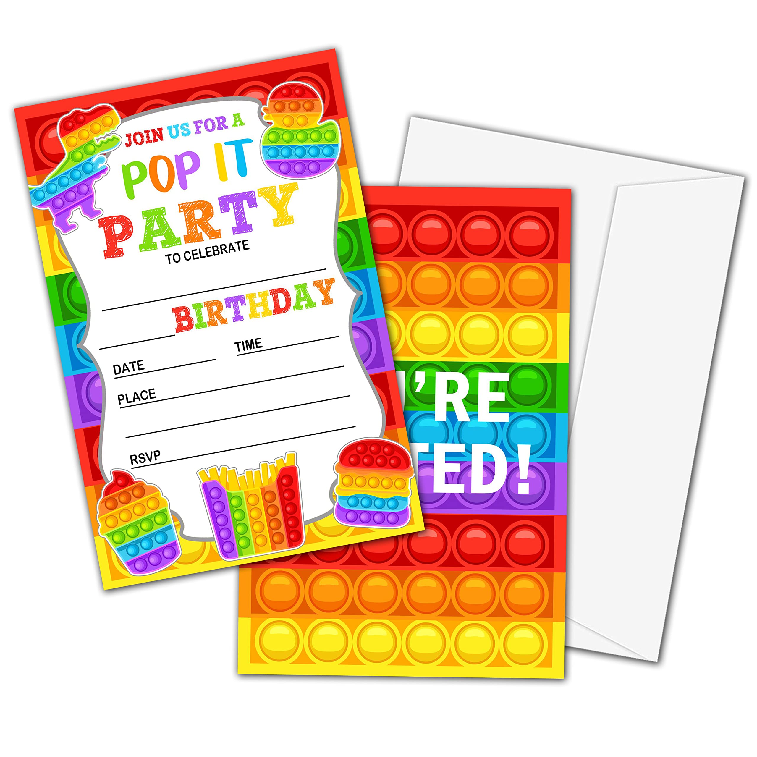 Lesixur Kids Birthday Party Invitation Cards - Rainbow Dinosaur Pop It Invites for Girls & Boys (20 Personalized Cards with Envelopes) - Perfect for Birthday Celebrations, Baby Showers & School Events