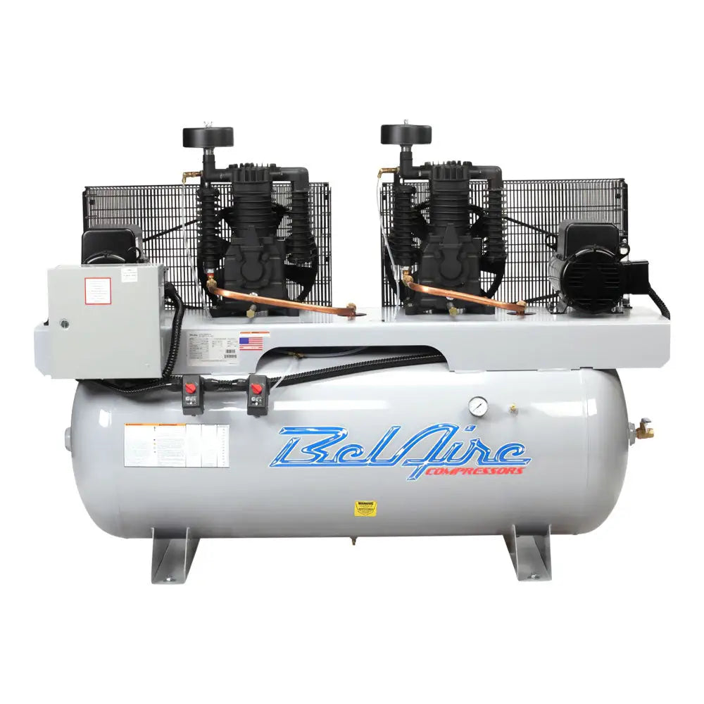 Belaire 3112D 2 Stage Electric Duplex Air Compressor, 2x5HP 120 Gallon Horizontal Tank, 230V/1 Phase – Ideal for Auto Shops, Industrial Use & Heavy-Duty Applications