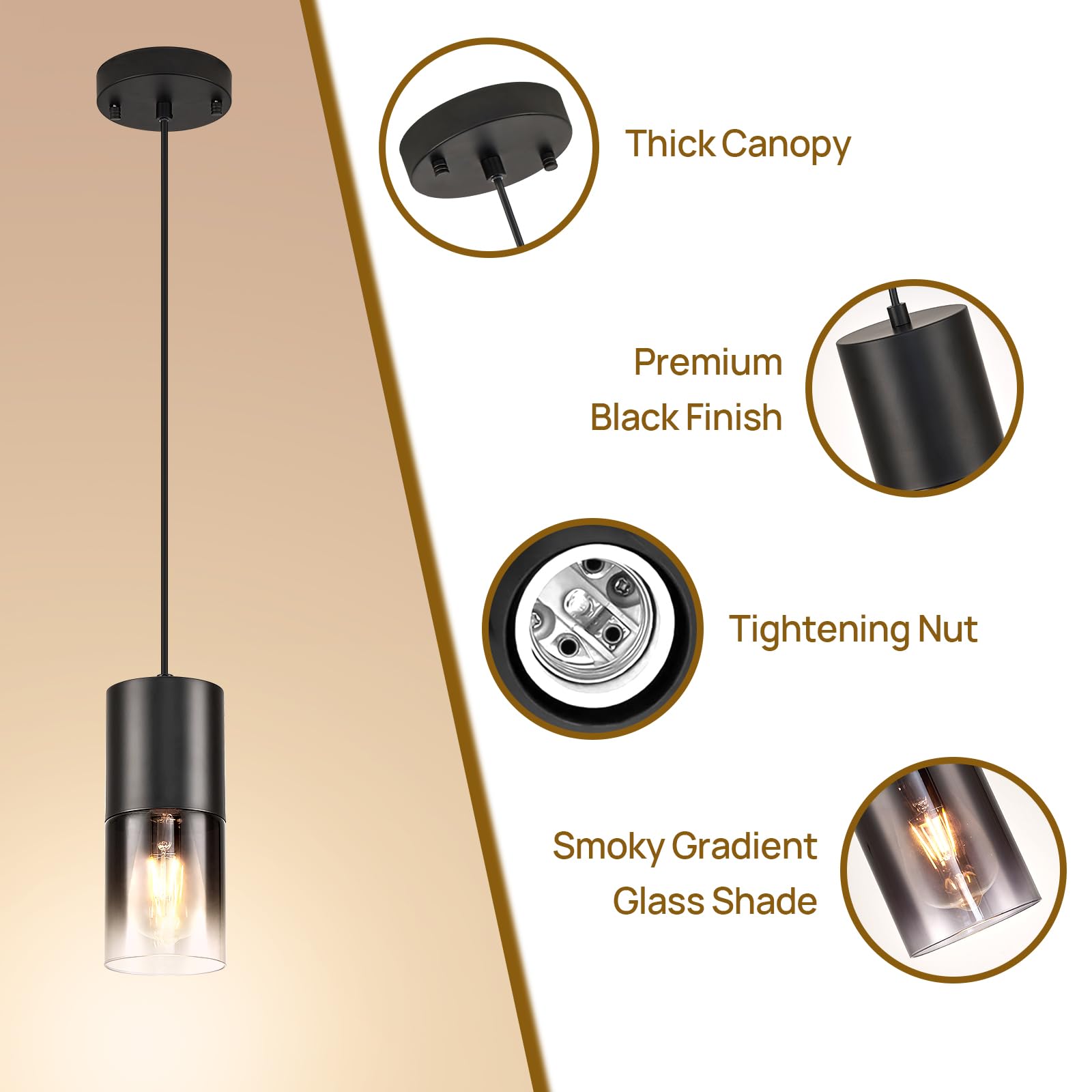 Industrial Black Glass Pendant Light - Farmhouse Kitchen Island Chandelier with 3 E26 Bulbs & 59