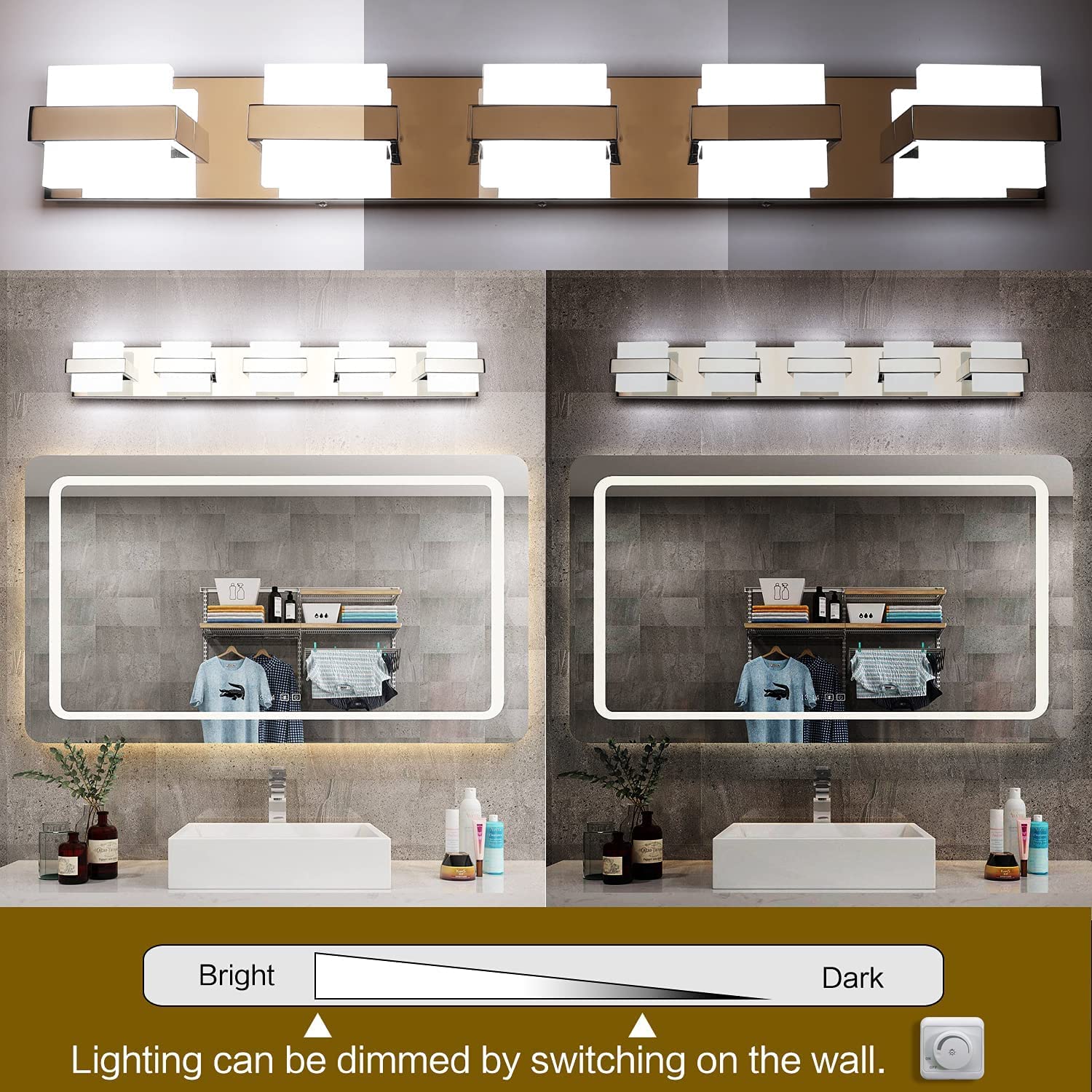 SOLFART LED Vanity Lights Bundle - 7248-5T & 8778-1000mm Modern Bathroom Light Fixtures in Silver & Gloss Chrome - Perfect for Makeup Vanity, Dressing Room, and Contemporary Bathroom Lighting