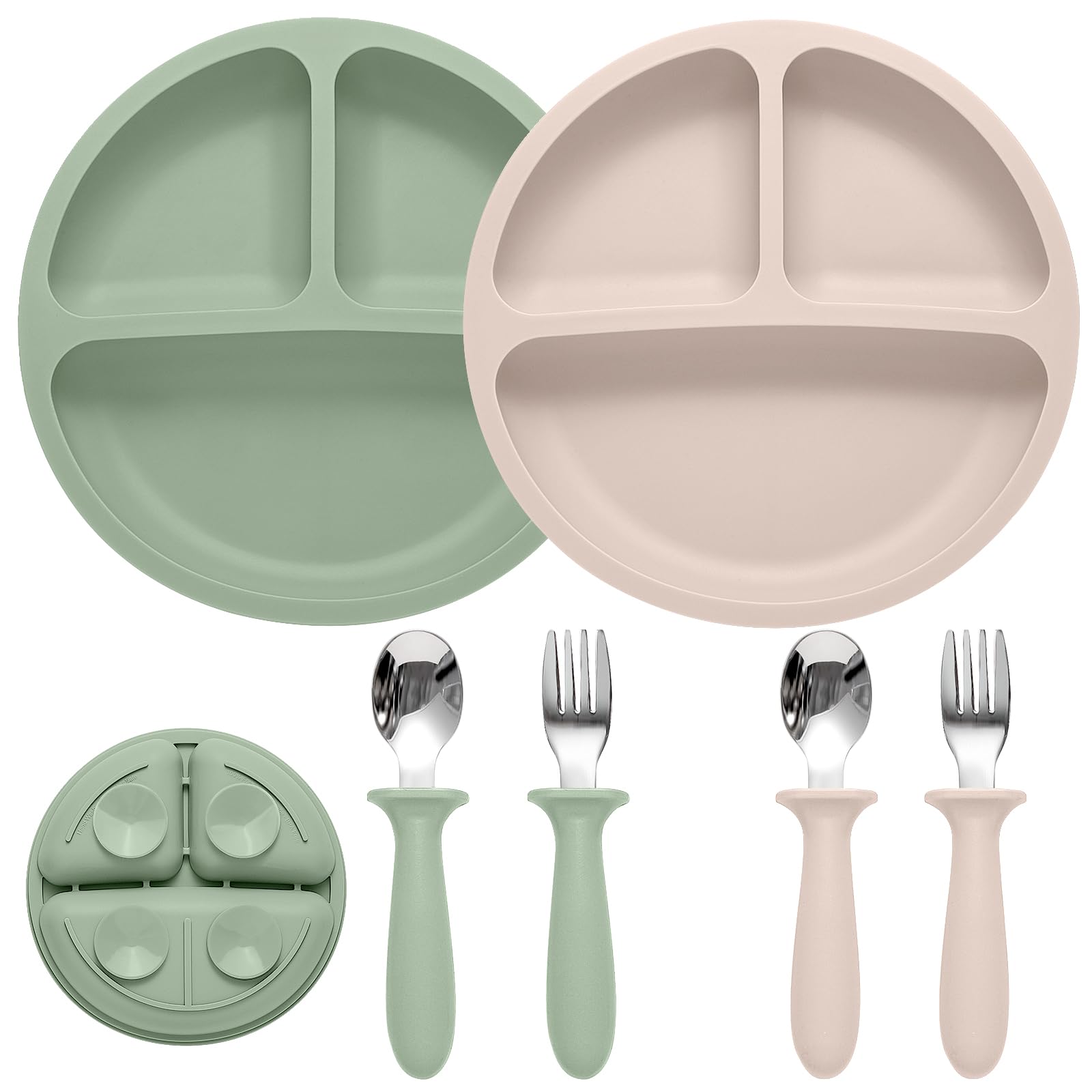 **2 Pack Baby Feeding Set - BPA Free Silicone Plates with Suction & Toddler Utensils (Spoons & Forks) | Essential Baby Led Weaning Supplies for Infants & Kids | Perfect for Home, Travel & Daycare Use**