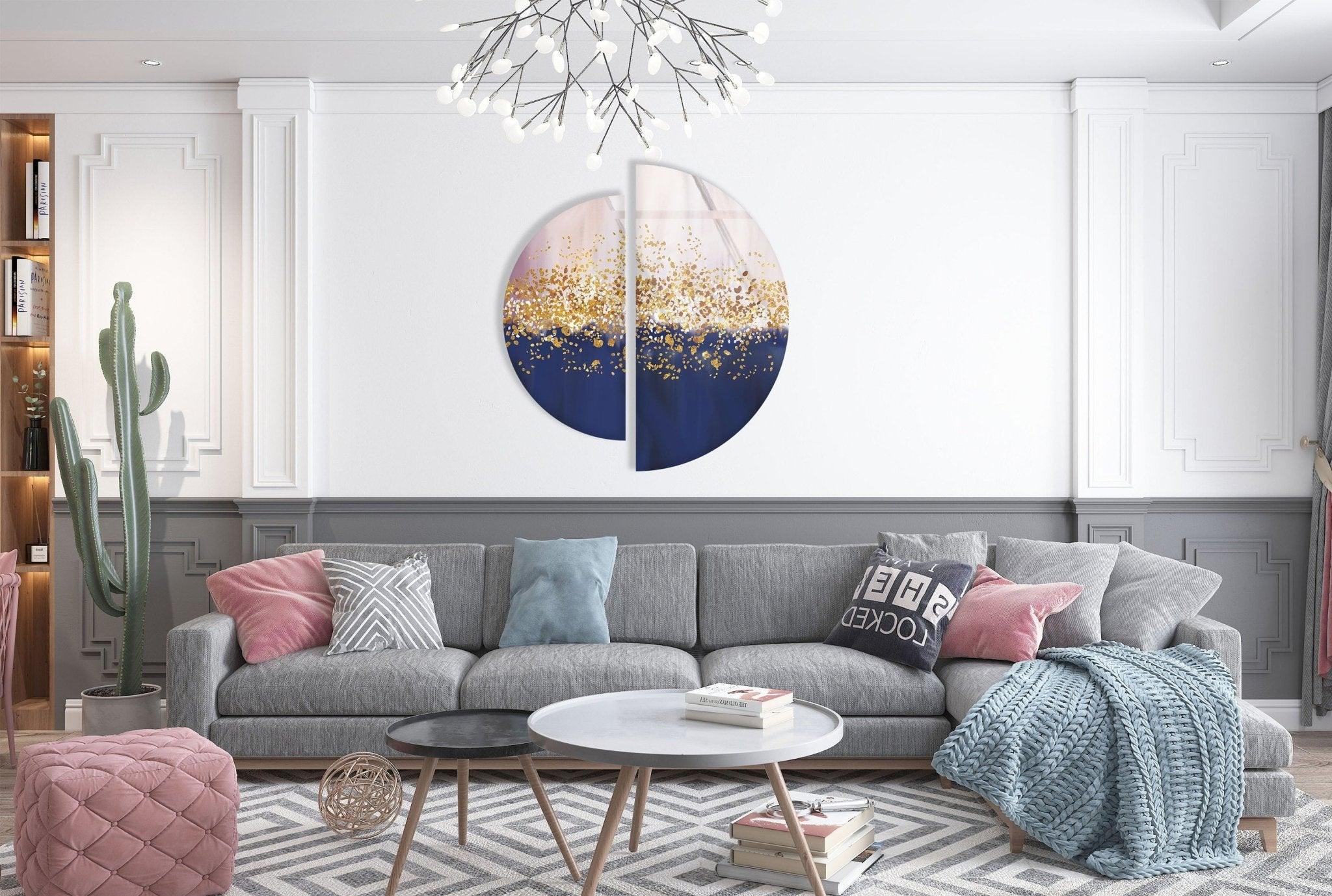 2 Piece Golden Abstract Glass Wall Art Set - Modern Home Decor for Living Room, Bedroom & Office - Elegant Handmade Glass Panel Artwork for Stylish Interior Design
