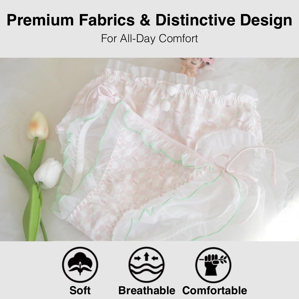 Cute Lolita Kawaii Japanese Women's Cotton Panties with Lace Ruffles - 2 Pack Soft Breathable Underwear for Daily Wear & Cosplay