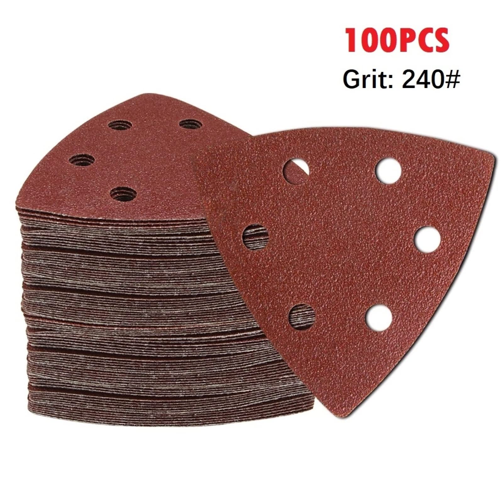 100pcs 240 Grit Triangular Sanding Discs with 6 Holes - Hook and Loop Sandpaper for Wood, Metal & Auto Polishing - Perfect for DIY Projects, Furniture Refinishing & Surface Preparation