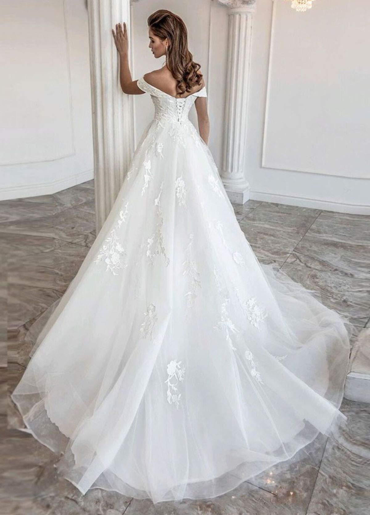 Elegant A-Line Lace Train Wedding Dress for Bride – Off Shoulder Strapless Tulle Gown with Applique Details | Perfect for Beach, Church, and Formal Wedding Ceremonies