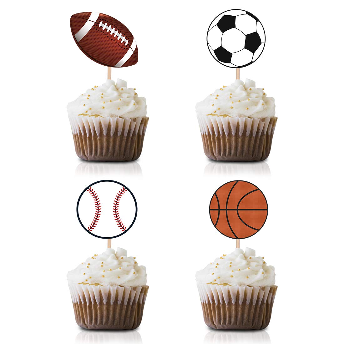 24-Pack Sports Cupcake Toppers - Soccer, Football, Baseball & Basketball Cake Decorations for Birthday Parties, Game Day Celebrations & Team Events