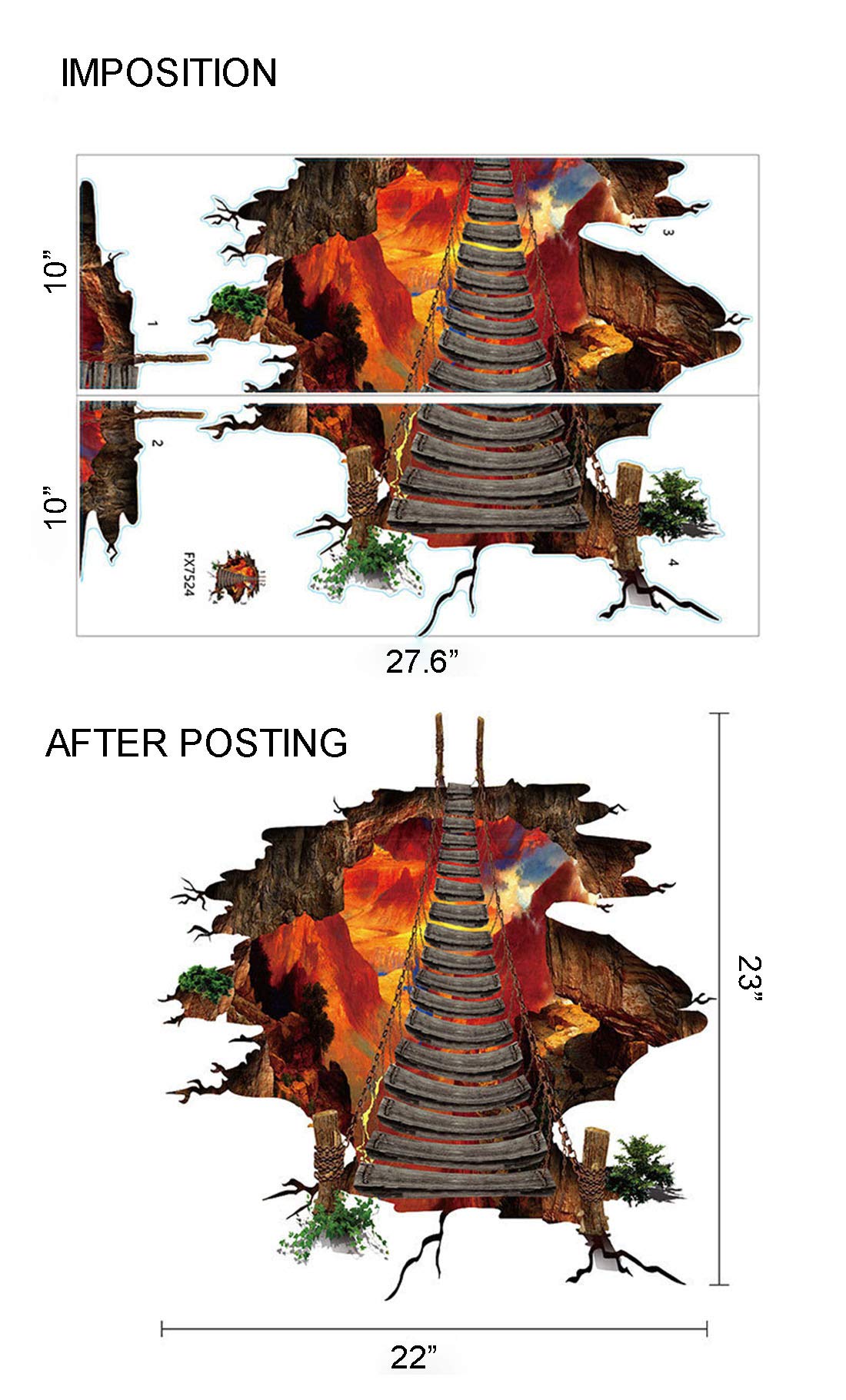 SENGTER 2-Pack Removable 3D Wall Stickers - Volcano Floor Flame & Lava Wall Decals, Suspension Bridge Blaze Wall Art for Living Room, Bedroom, Kids Room - Waterproof Home Decor Mural for Indoor Wall Decoration