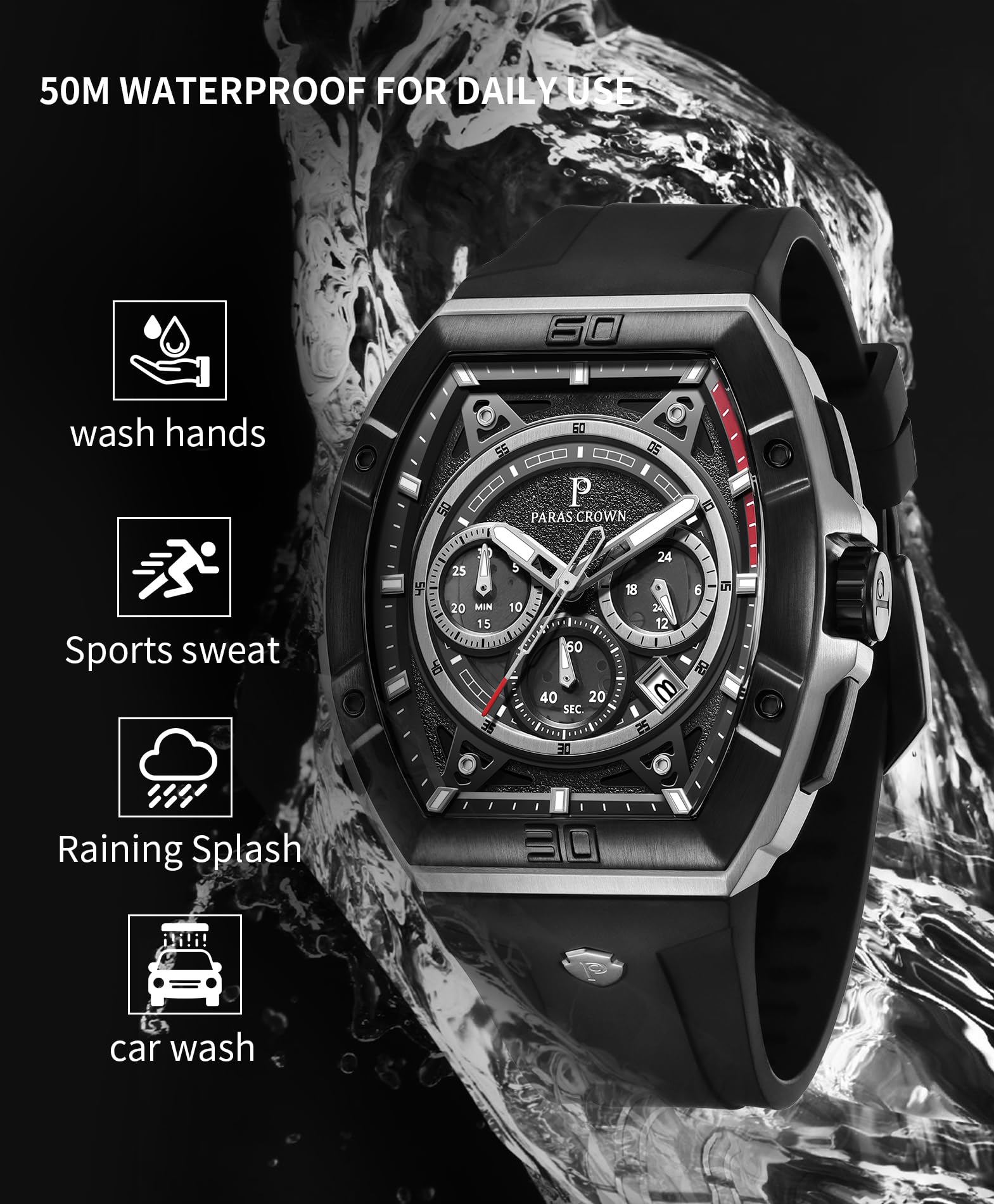 Luxury Tonneau Men's Watch with Japanese Quartz Movement - Waterproof Sports Watch for Men - Perfect Gift for Him - Ideal for Business, Casual & Outdoor Activities