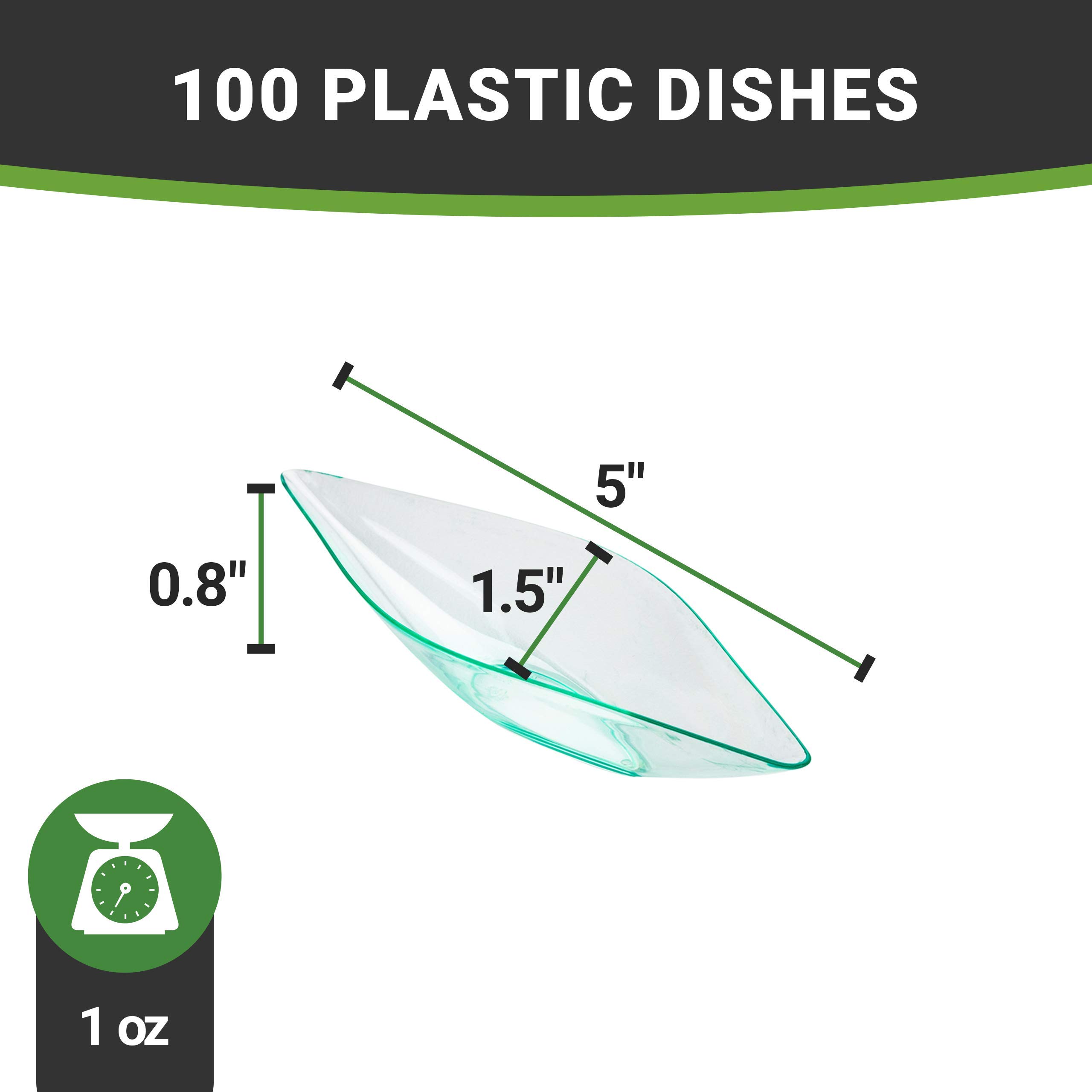 1 oz Disposable Dipping Sauce Bowls (100-Pack) - Seagreen Plastic Canoe-Shaped Small Dishes for Dips, Appetizers, Desserts, or Samples | Perfect for Restaurants, Catering, Parties, and Food Sampling Events