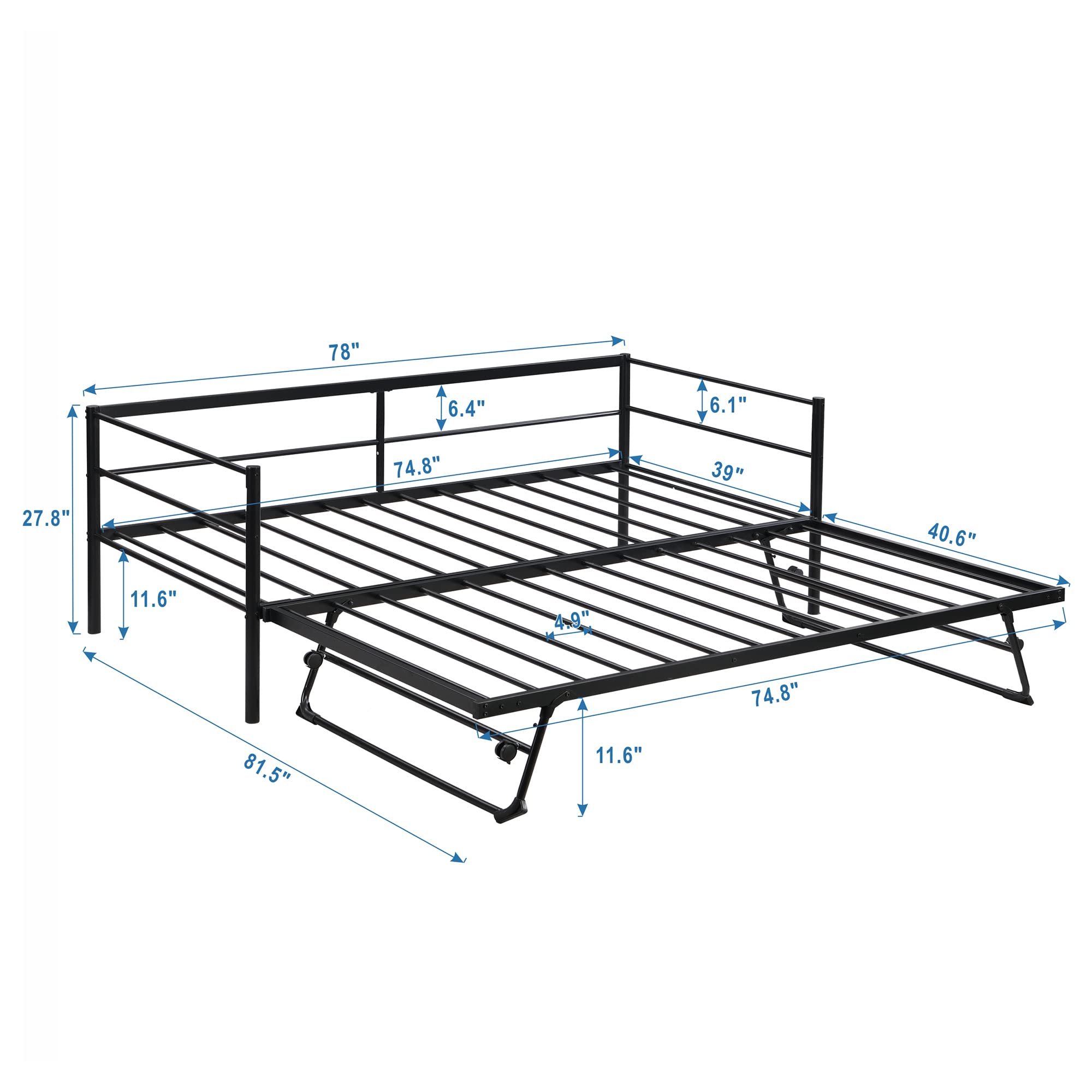 Harper & Bright Designs Metal Twin Size Daybed with Adjustable Pop-Up Trundle - Heavy Duty Sofa Sleeper with Folding Trundle Bed for Bedroom, Living Room & Guest Room - Space Saving Black Daybed for Small Spaces & Sleepovers