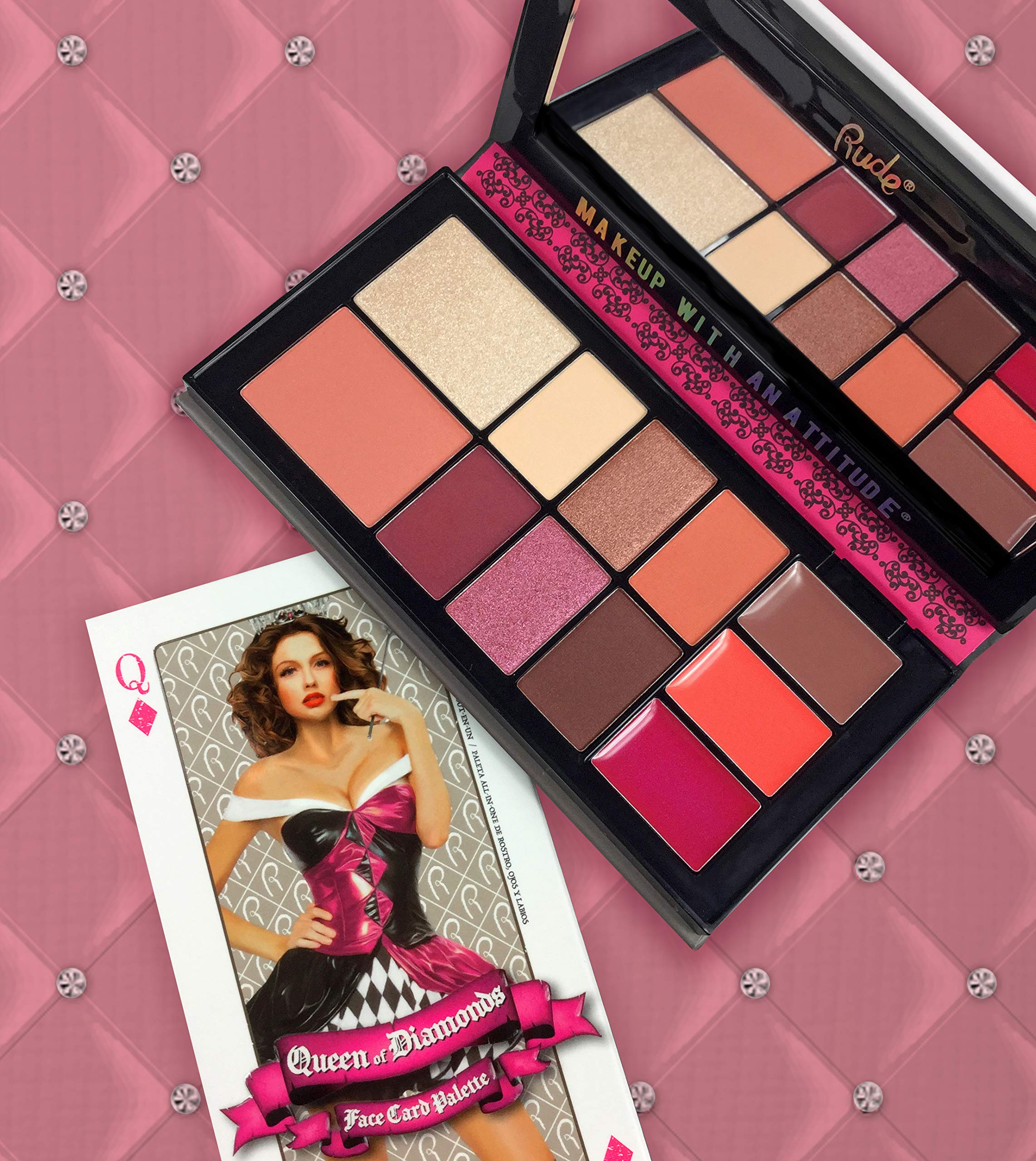 Rude Cosmetics Face Card Palette - Queen of Diamonds Makeup for Women | 0.51 oz Eyeshadow & Highlighter Set | Perfect for Party, Date Night & Special Occasions