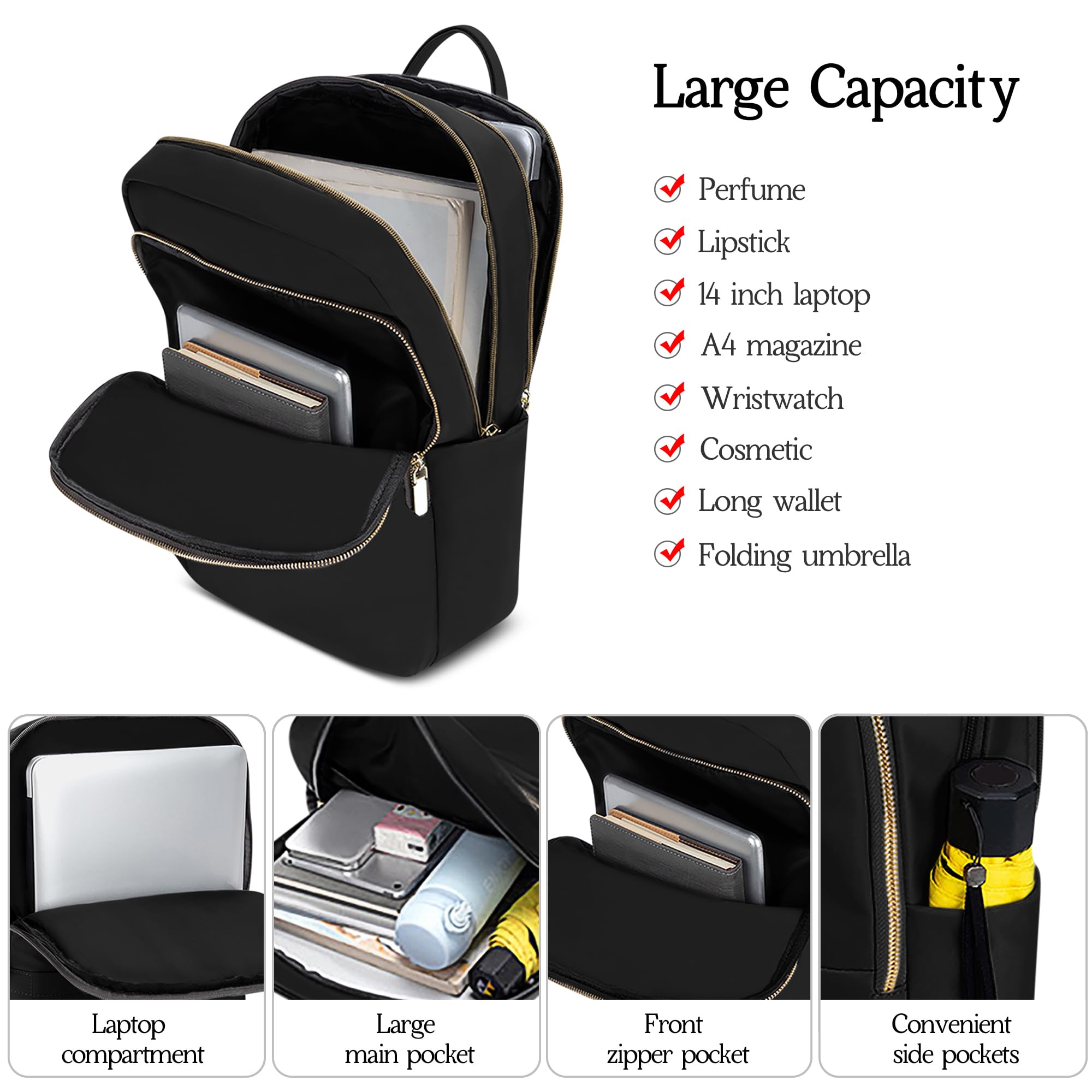 DEEVORCA Women's Fashion Backpack - Waterproof Nylon Laptop Backpack for 14 Inch, Casual Work & Travel Daypack, Large Business Shoulder Bag for Daily Use, Shopping & Office Commute