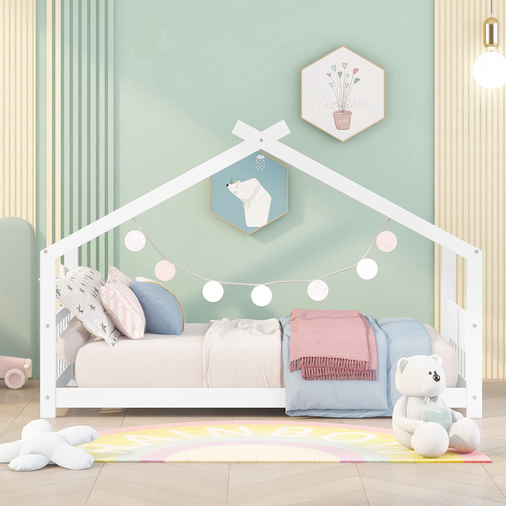 Montessori Twin Size Wooden Platform Bed Frame with Headboard & Footboard - Kids, Boys, Girls & Teens Floor House Bed in White - Perfect for Bedrooms, Playrooms & Montessori Learning Spaces