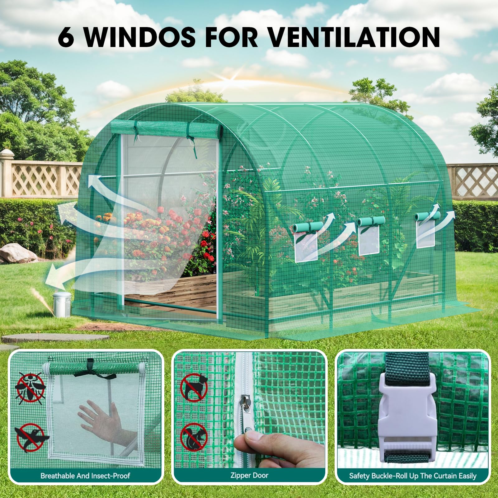 Grezone 10x7x7 FT Walk-in Greenhouse with Dual Zippered Screen Doors & 6 Vent Windows - Heavy Duty Reinforced Frame Plastic Plant House for Outdoor Gardening, Seed Starting & Plant Protection