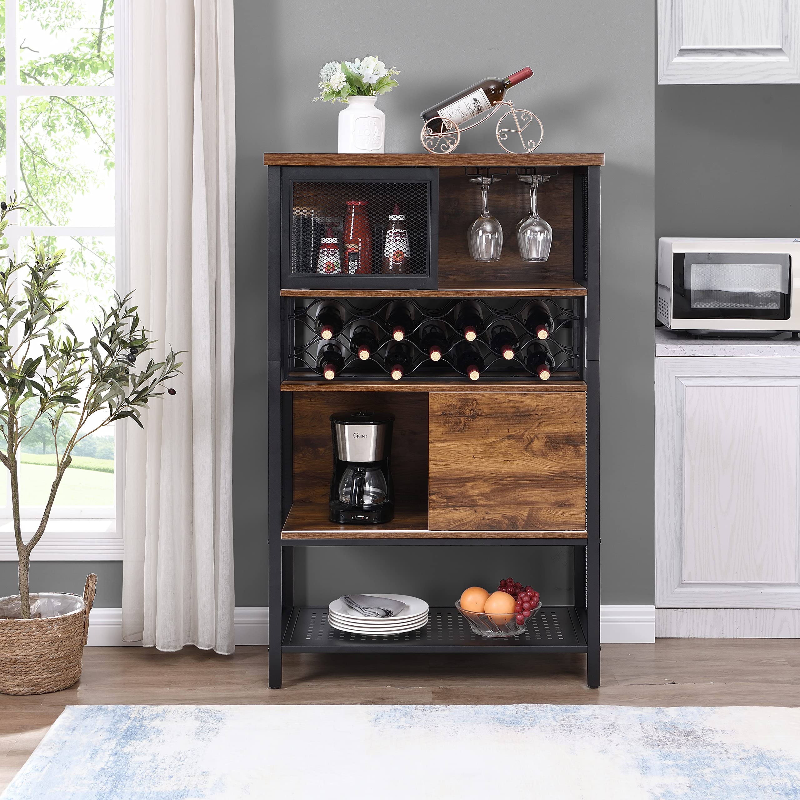 Industrial Bar Cabinet with Wine Rack - Wood & Metal Liquor Storage Cabinet for Home, Kitchen, Bar - Perfect for Wine, Glass & Alcohol Organization in Dining Room, Entertainment Areas & Man Caves