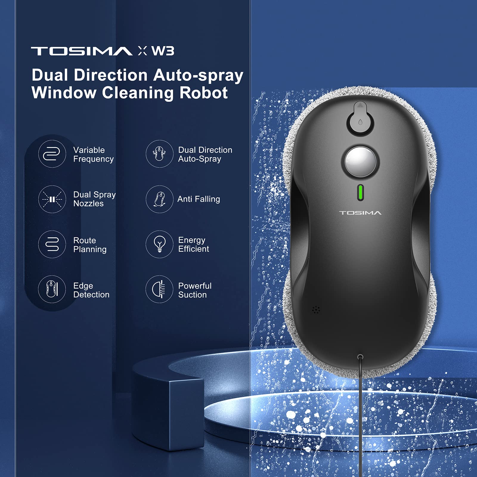 Tosima W3 Smart Window Cleaning Robot - Auto-Spray Dual Direction Glass Cleaner with Triple Safety System, Smart Navigation & Remote Control - 12 Microfiber Rags Included - Perfect for High-Rise Windows, Glass Doors & Skylights (Black)