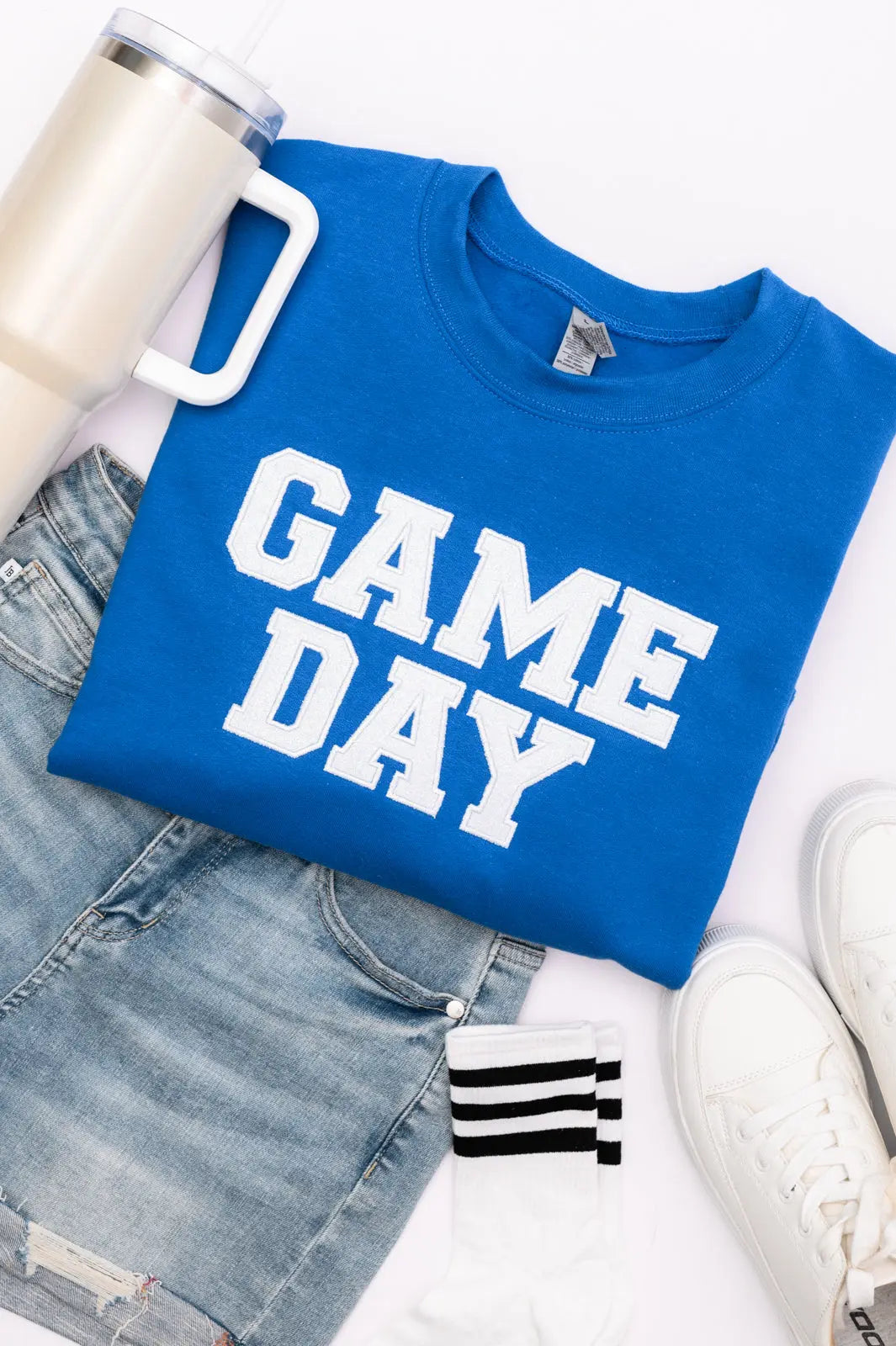 PREORDER: Embroidered Glitter Game Day Sweatshirt - Royal Blue & White | Perfect for Football Tailgates, College Parties & Sports Fan Apparel