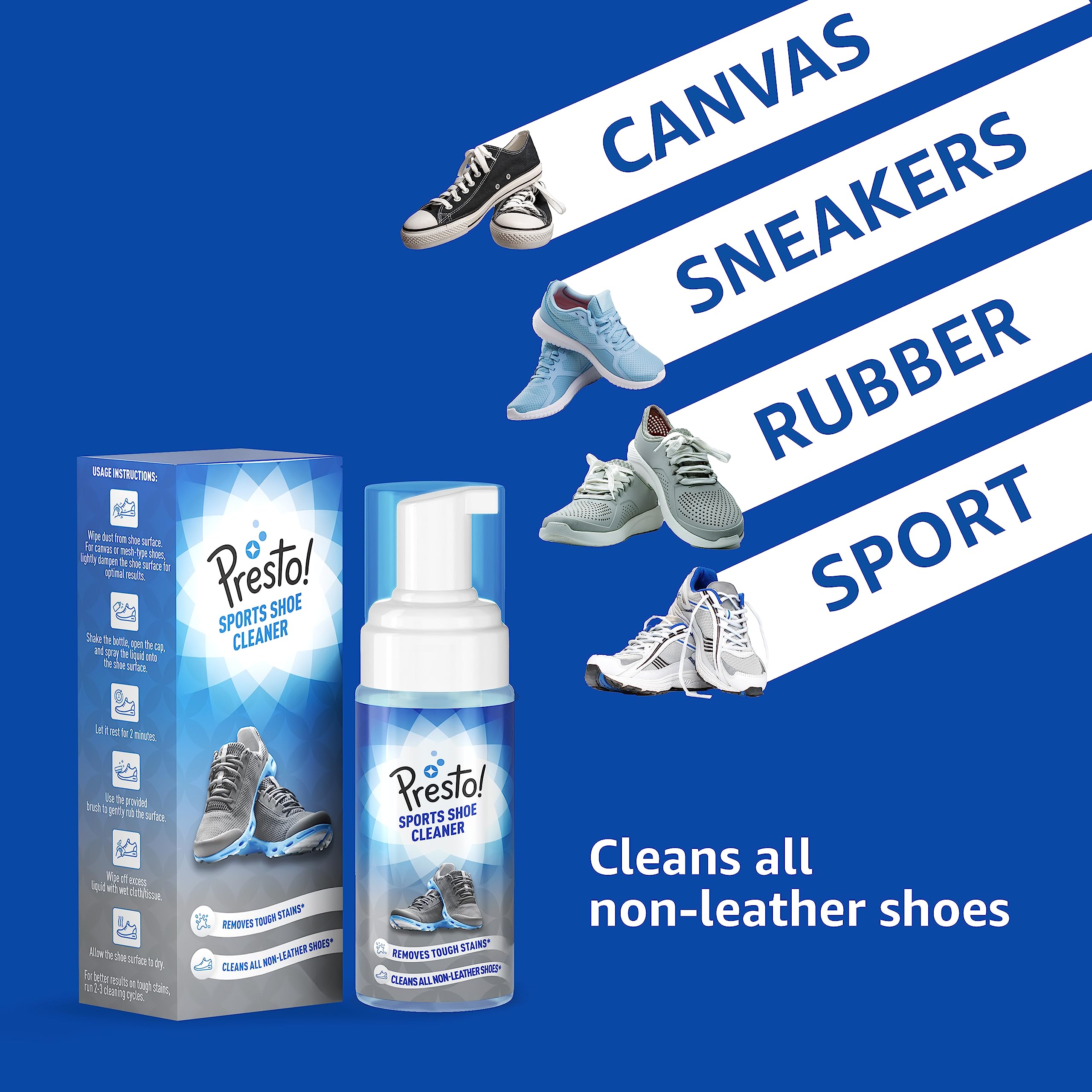 **Presto! Sports Shoe Cleaner with Brush – 300ml & 150ml x 2 Packs – Non-Leather Shoe Cleaner for Sneakers, Rubber & Canvas Shoes – Foam Spray Removes Tough Stains – Perfect for Gym, Running & Casual Wear**