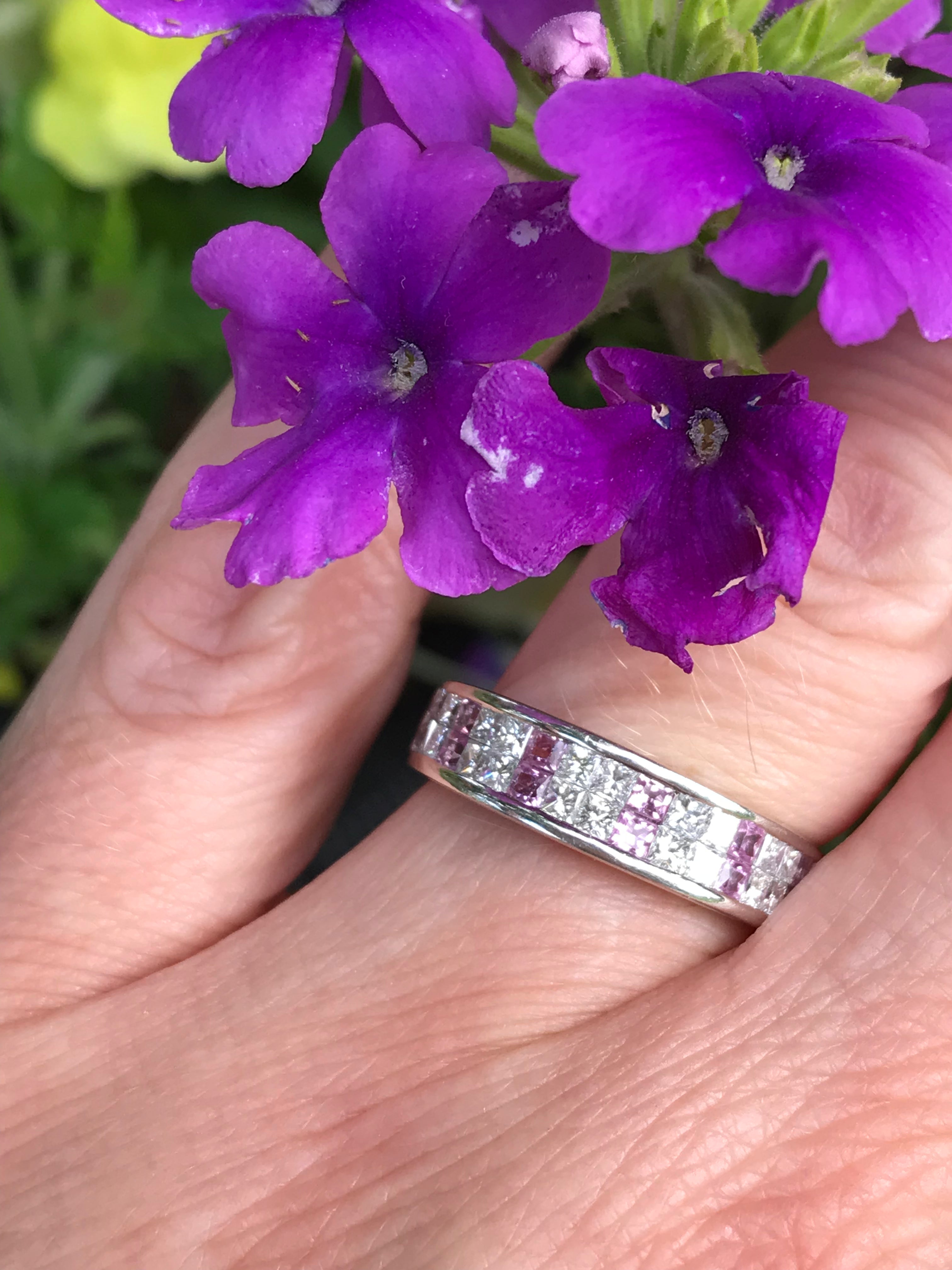 0.72ct Platinum Diamond & Pink Sapphire Half Eternity Ring for Women - Elegant Wedding Band, Anniversary Gift, Bridal Jewelry, Valentine's Day Present