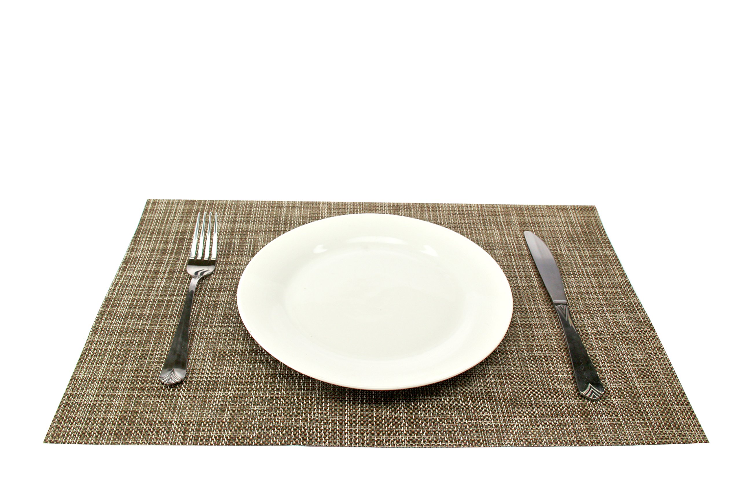 GEFEII Non-Slip Heat-Resistant PVC Woven Vinyl Placemats Set of 6 - Stain Proof, Washable Dining Table Mats for Kitchen & Home Decor (Brown) | Perfect for Everyday Meals, Dinner Parties & Holiday Gatherings