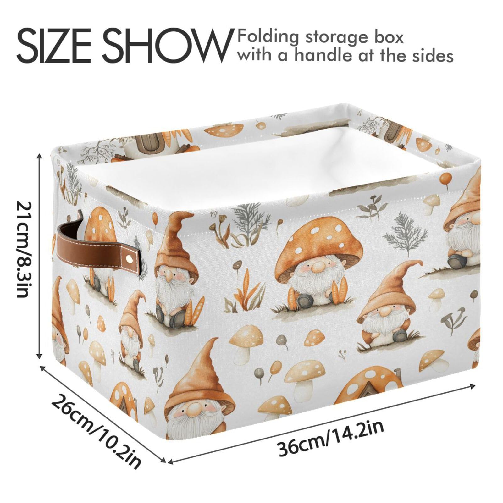 Qilmy Mushroom Gnome Storage Basket 2 Pack - Collapsible Canvas Rectangular Bin with Leather Handles for Closet, Office, Nursery & Home Organization | Perfect for Toy Storage, Blanket Baskets & Bedroom Decor