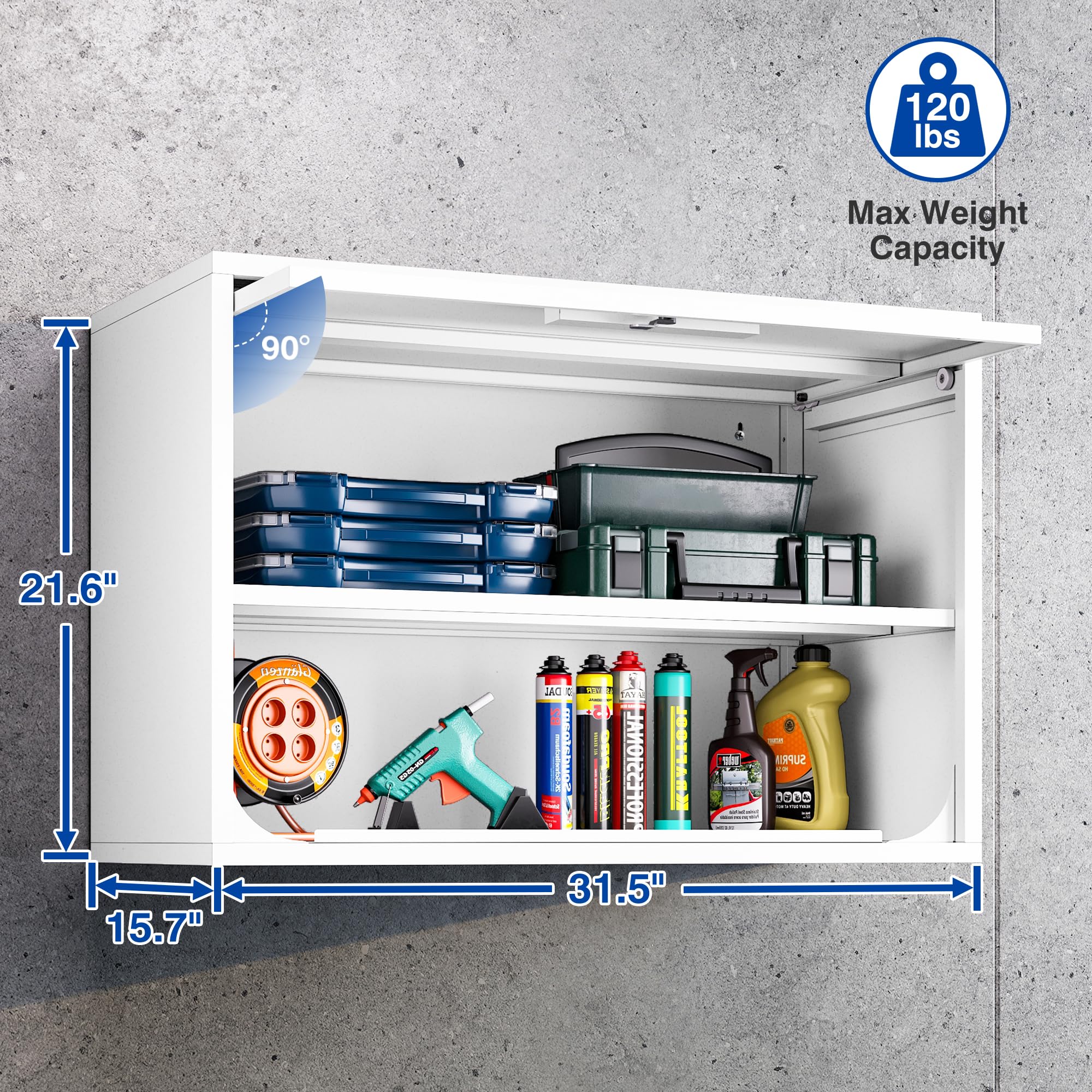 White Metal Wall Storage Cabinet with Lock - 2 Shelves & Flip-Up Door for Garage, Kitchen, Home Workshop - Easy Assembly (21.6''H) - Perfect for Organizing Tools, Pantry Items & DIY Supplies