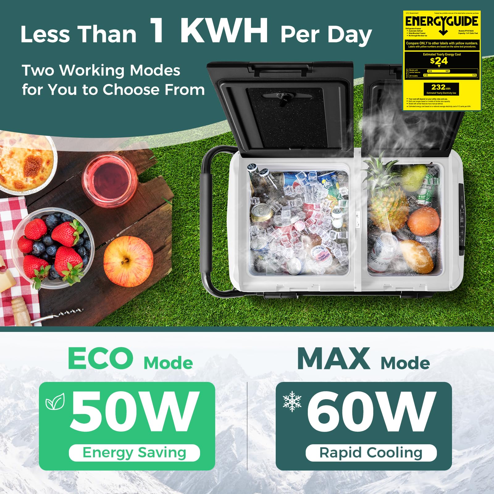 COSTWAY 42-Quart Portable Car Refrigerator with Wheels - Dual Zone Electric Cooler & Freezer for RV, Camping, Road Trips (12V/24V DC, 100-240V AC, -4°F to 68°F) - Perfect for Picnics, Beach Outings & Tailgating Parties - Black