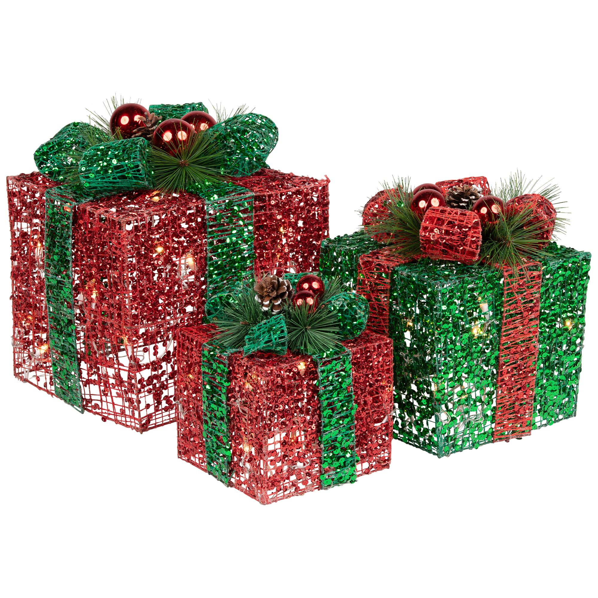 3 Pack LED Lighted Red and Green Glitter Christmas Gift Boxes - Holiday Home Decor, Outdoor Xmas Tree Ornaments, Party Favors & Festive Table Centerpieces