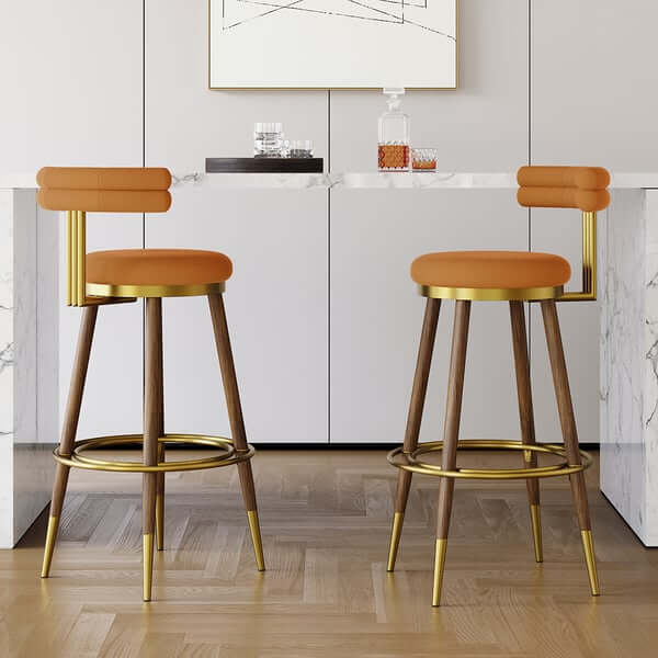 MidCentury Modern Orange Bar Stools with Backrest - Set of 2 Velvet Upholstered Counter Height Stools for Kitchen Island, Breakfast Bar & Home Decor