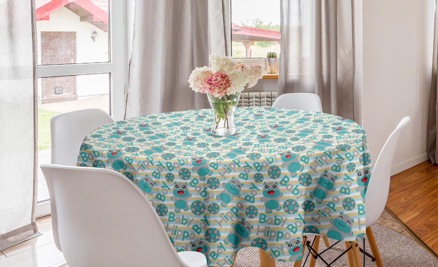 Ambesonne Cartoon Round Tablecloth - Funny Hippo with Balls Pattern on Pastel Stripes, 60 Inch Dark Seafoam Grey Circle Table Cover for Dining Room, Kitchen, Party Decor | Perfect for Birthday Celebrations, Family Gatherings & Home Decoration