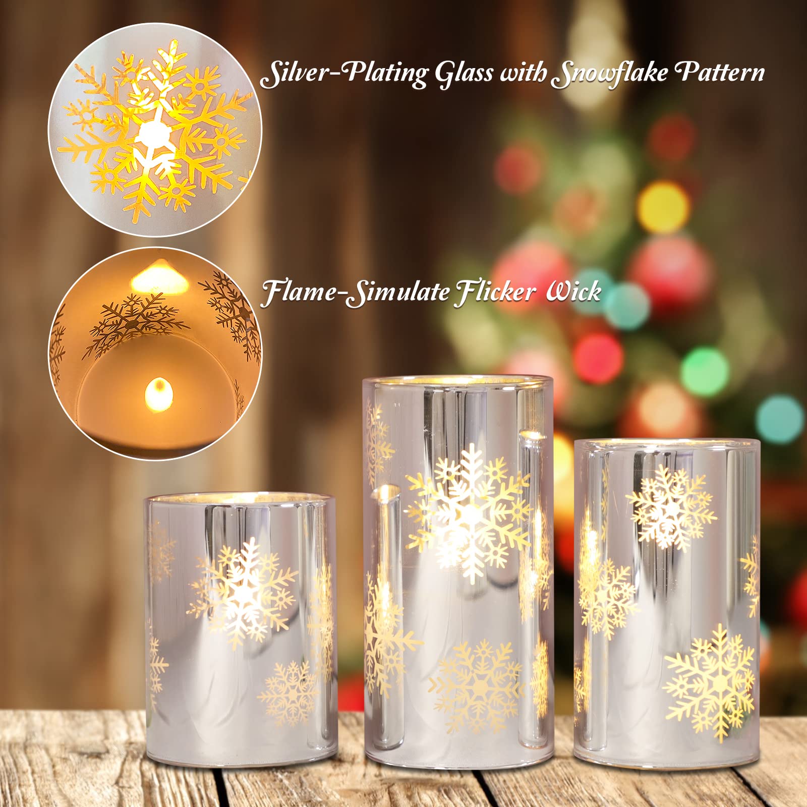 Flameless LED Candles with Remote Control - 3 Pack Christmas Holiday Flickering Candles in Snowflake Glass, Battery Operated for Home Decor, Party, Bathroom & Gift | Perfect for Christmas Decorations, Wedding Centerpieces & Relaxing Ambience