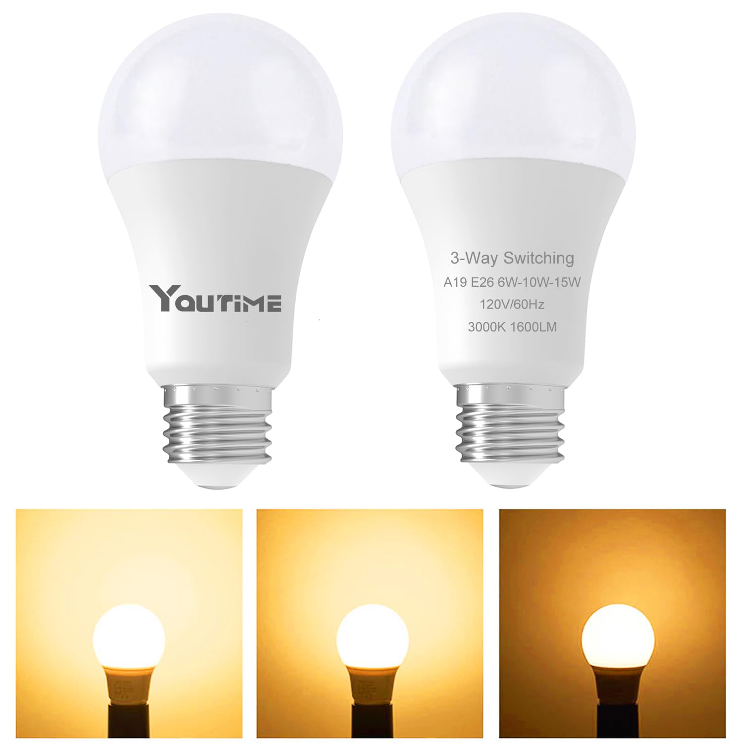 Youtime 3-Way Light Bulbs 30/70/100W Equivalent, 3000K Soft White, A19 LED Bulbs (6W/10W/15W), E26 Base, Energy Efficient & Safe - Perfect for Bedroom, Living Room & Office Lighting (2-Pack)