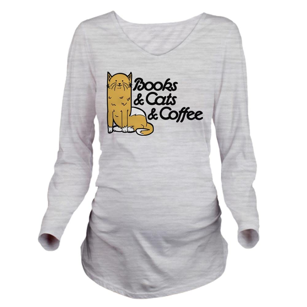 Books & Cats & Coffee Long Sleeve Maternity T-Shirt for Pregnant Women - Comfortable Cotton Pregnancy Tee for Book Lovers, Cat Moms & Coffee Enthusiasts - Perfect for Casual Wear, Baby Showers & Maternity Photos