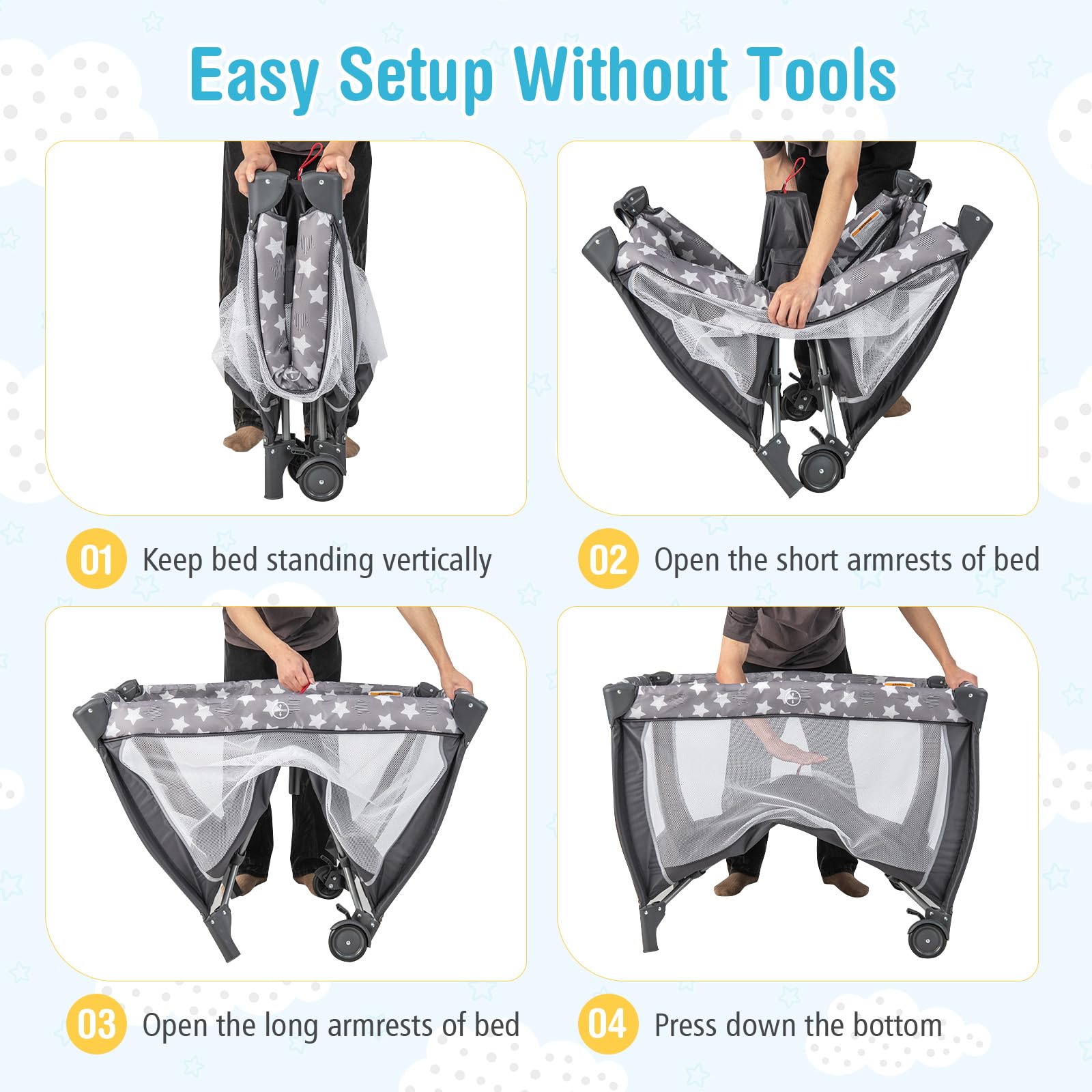 BABY JOY 4-in-1 Portable Playard with Bassinet, Changing Table & Music Box - Adjustable Canopy, Lockable Wheels - Travel Crib for Newborn to Toddler - Perfect for Nursery, Daycare & Family Trips