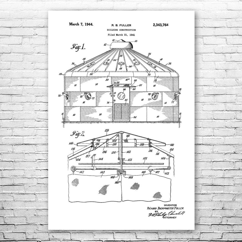 Dymaxion House Poster Print - Buckminster Fuller Futuristic Architecture Art - 5x7 Inch Black & White Blueprint - Unique Home Decor & Builder Gift for Modern Living Spaces