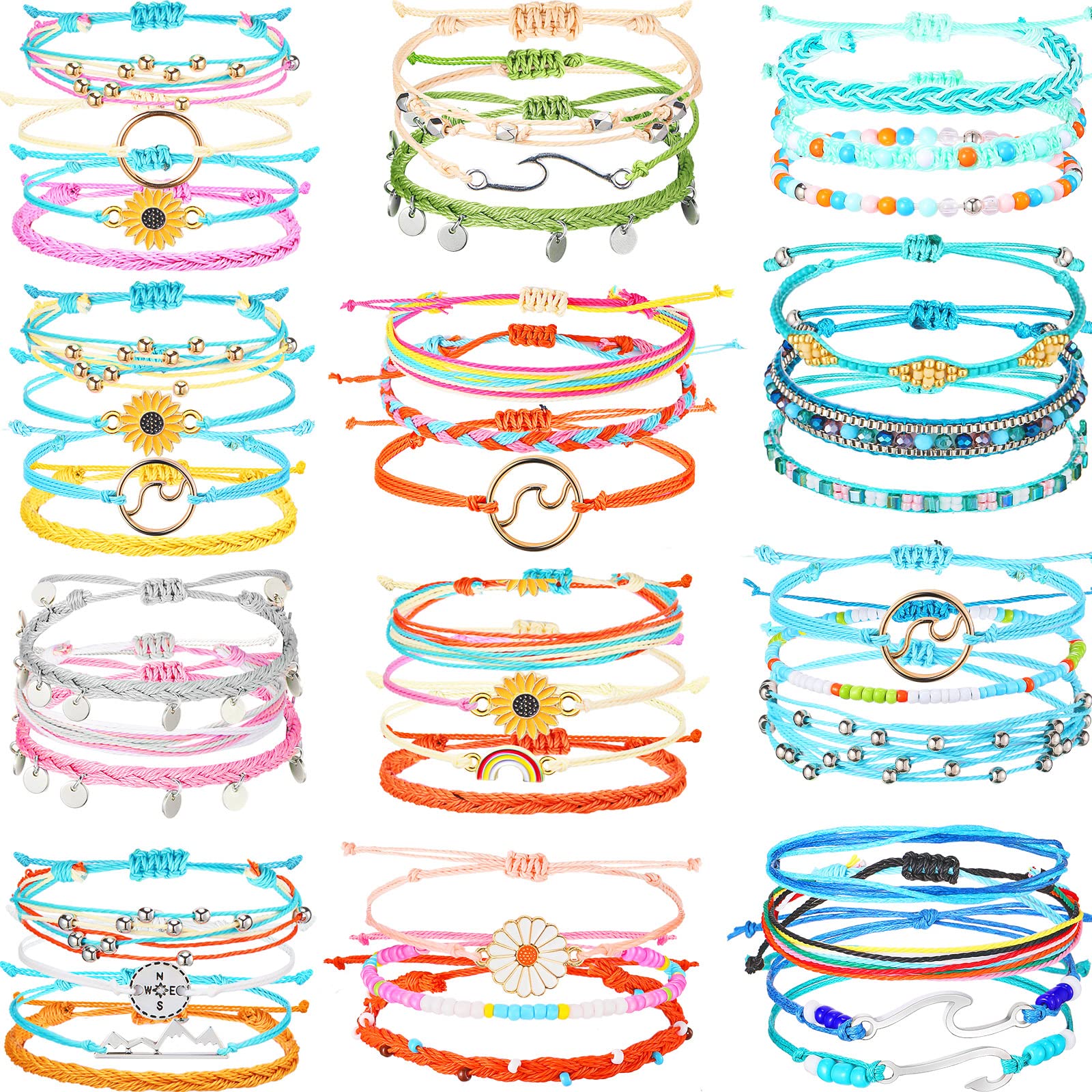 42 Pcs Sunflower & Surfer Wave Bracelets Set - Handmade Braided Rope Adjustable Friendship Bracelets for Women - Boho Chic Style - Perfect for Beach Parties, Music Festivals & Summer Gifts