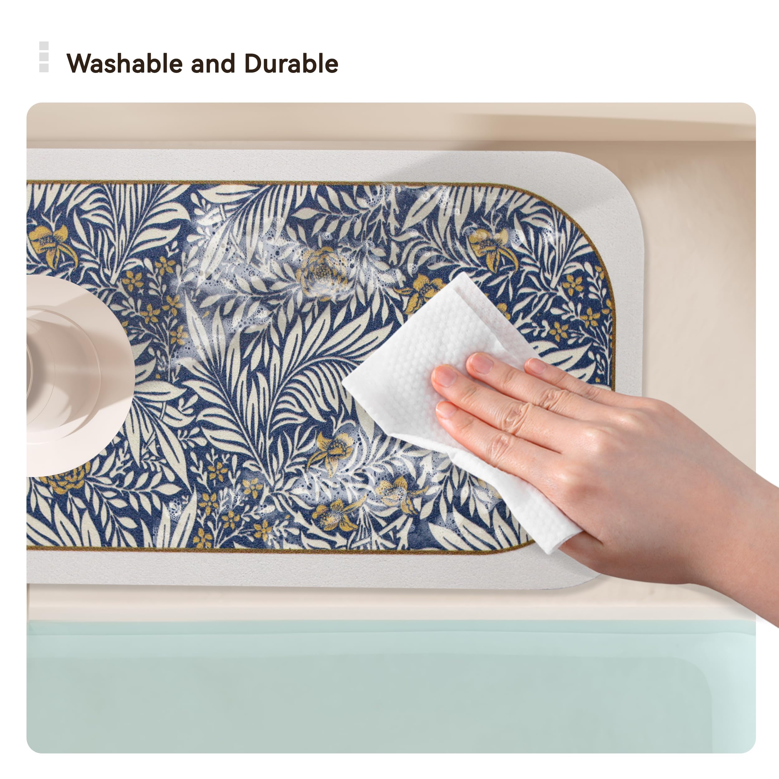 FerdY 2-Pack Splash Guard for Kitchen Sink Faucet | 15x5 Inch Absorbent Fast Drying Mat | Drip Catcher Pad for Bathroom & Bar Sink | Washable, Spillproof & Easy Care Leaf Pattern | Perfect for Preventing Water Splashes & Keeping Countertops Dry